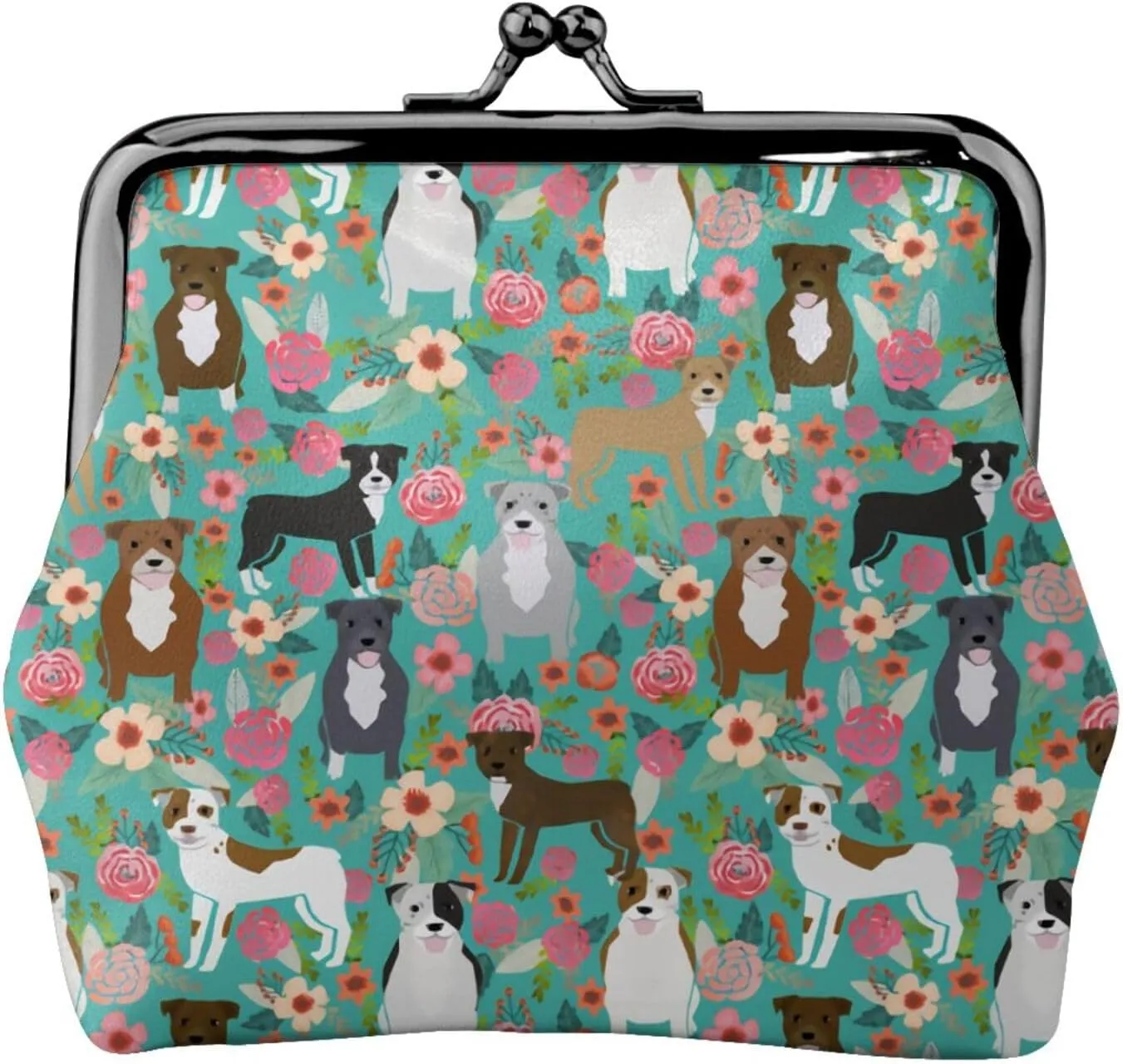 Cute American Pit Bull Terrier Dog Puppy Lovers Print Coin Purses For Women Pu Leather Vintage Buckle Coin Kiss-Lock Change Purse Card Holder Pouch Wallets Makeup Bags Flowers Florals Handbag Gifts