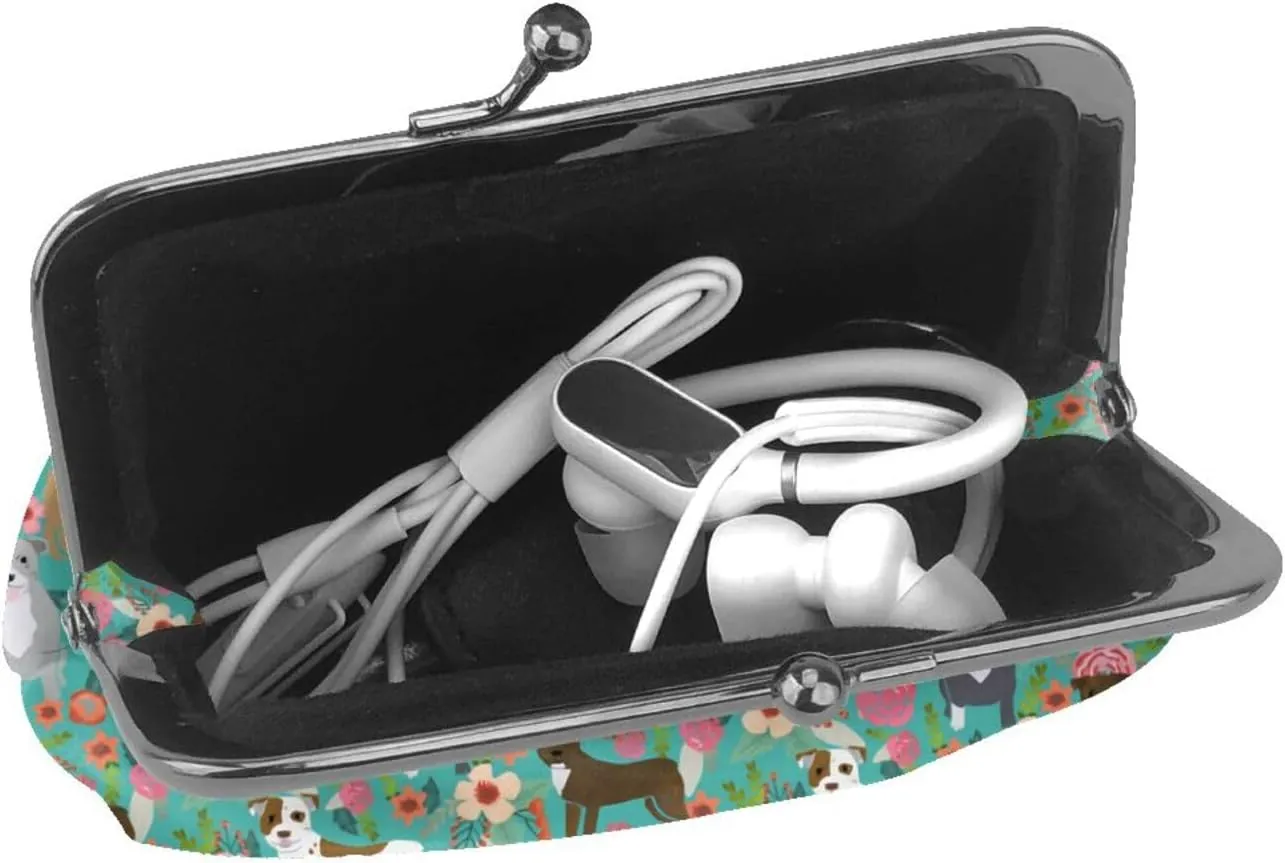 Cute American Pit Bull Terrier Dog Puppy Lovers Print Coin Purses For Women Pu Leather Vintage Buckle Coin Kiss-Lock Change Purse Card Holder Pouch Wallets Makeup Bags Flowers Florals Handbag Gifts
