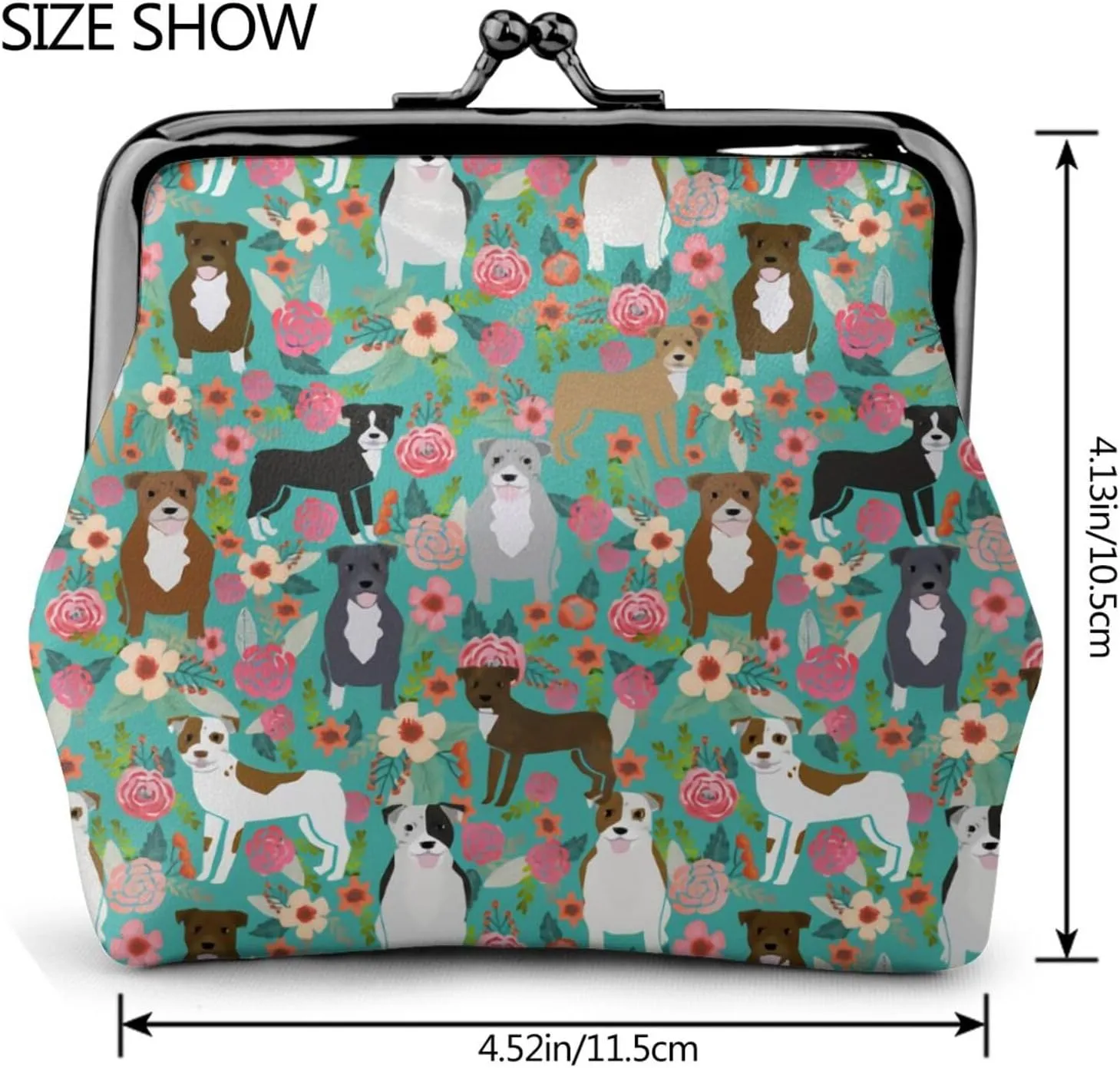 Cute American Pit Bull Terrier Dog Puppy Lovers Print Coin Purses For Women Pu Leather Vintage Buckle Coin Kiss-Lock Change Purse Card Holder Pouch Wallets Makeup Bags Flowers Florals Handbag Gifts
