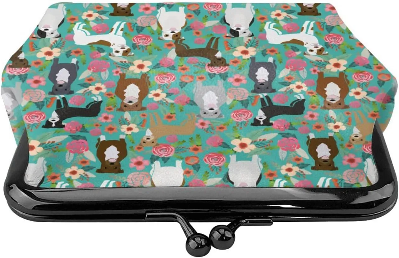 Cute American Pit Bull Terrier Dog Puppy Lovers Print Coin Purses For Women Pu Leather Vintage Buckle Coin Kiss-Lock Change Purse Card Holder Pouch Wallets Makeup Bags Flowers Florals Handbag Gifts