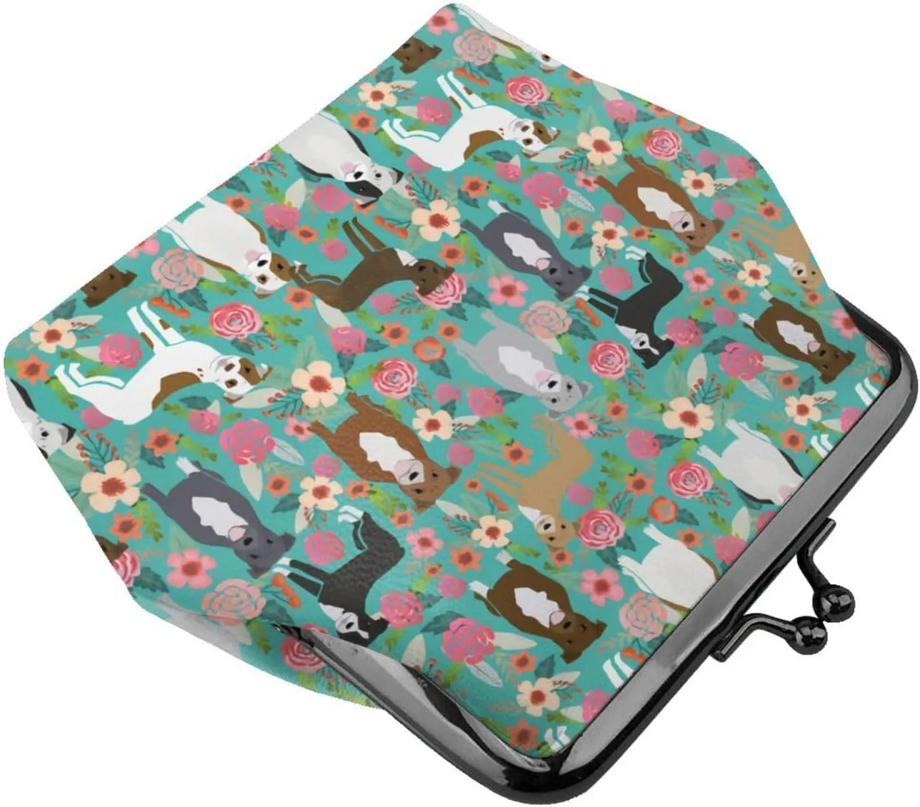 Cute American Pit Bull Terrier Dog Puppy Lovers Print Coin Purses For Women Pu Leather Vintage Buckle Coin Kiss-Lock Change Purse Card Holder Pouch Wallets Makeup Bags Flowers Florals Handbag Gifts