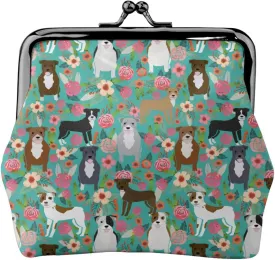 Cute American Pit Bull Terrier Dog Puppy Lovers Print Coin Purses For Women Pu Leather Vintage Buckle Coin Kiss-Lock Change Purse Card Holder Pouch Wallets Makeup Bags Flowers Florals Handbag Gifts