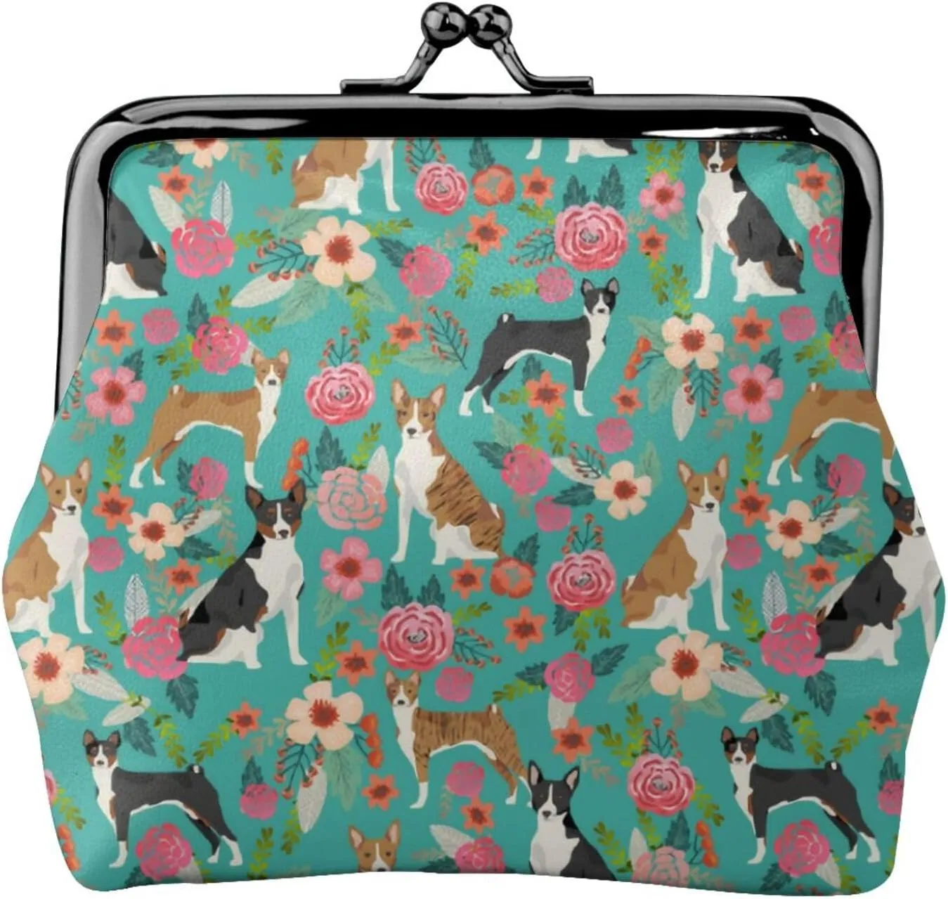 Cute Basenji Dog Puppy Lovers Print Coin Purses For Women Pu Leather Vintage Buckle Coin Kiss-Lock Change Purse Card Holder Pouch Wallets Small Makeup Bags Flowers Florals Handbag Birthday Gifts