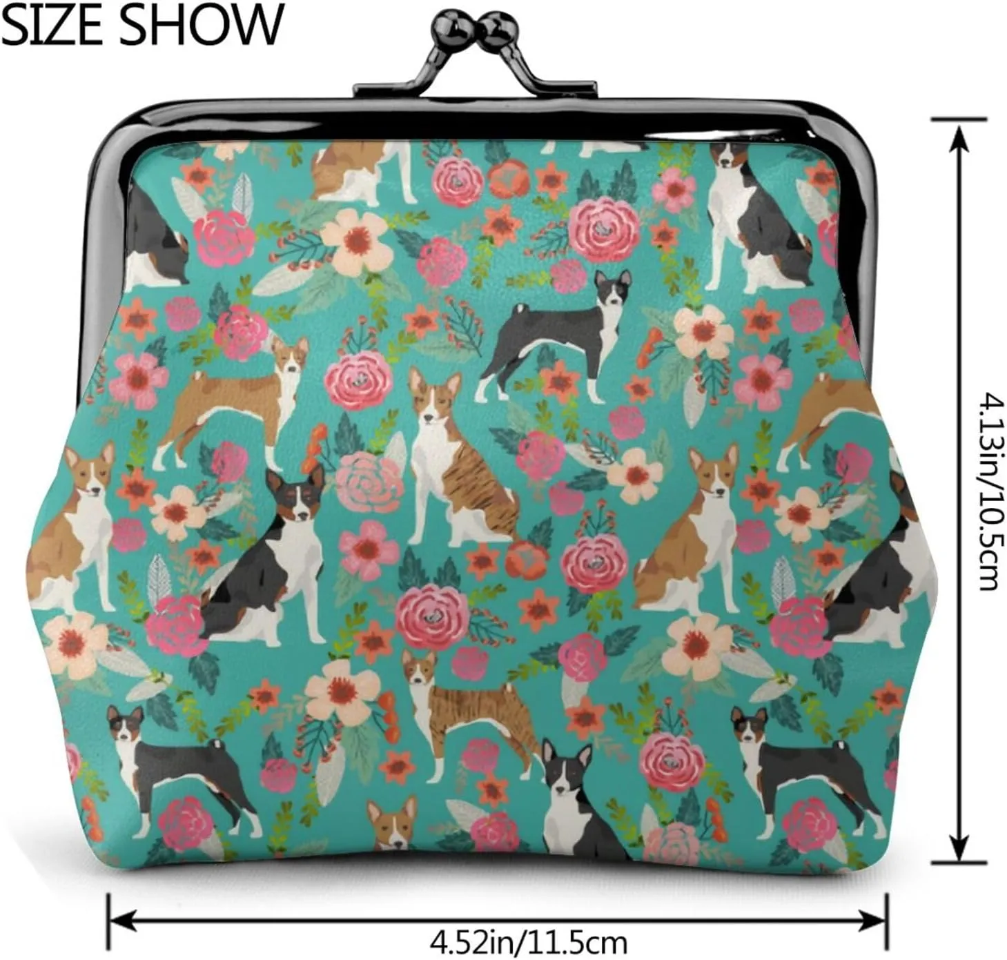 Cute Basenji Dog Puppy Lovers Print Coin Purses For Women Pu Leather Vintage Buckle Coin Kiss-Lock Change Purse Card Holder Pouch Wallets Small Makeup Bags Flowers Florals Handbag Birthday Gifts
