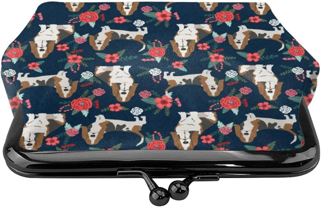 Cute Basset Hound Dog Puppy Lovers Print Coin Purses For Women Pu Leather Vintage Buckle Coin Kiss-Lock Change Purse Card Holder Pouch Wallets Small Makeup Bags Flowers Florals Handbag Birthday Gifts