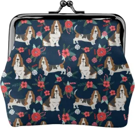 Cute Basset Hound Dog Puppy Lovers Print Coin Purses For Women Pu Leather Vintage Buckle Coin Kiss-Lock Change Purse Card Holder Pouch Wallets Small Makeup Bags Flowers Florals Handbag Birthday Gifts
