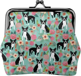 Cute Boston Terrier Dog Puppy Lovers Print Coin Purses For Women Pu Leather Vintage Buckle Coin Kiss-Lock Change Purse Card Holder Pouch Wallets Small Makeup Bag Flowers Florals Handbag Birthday Gifts