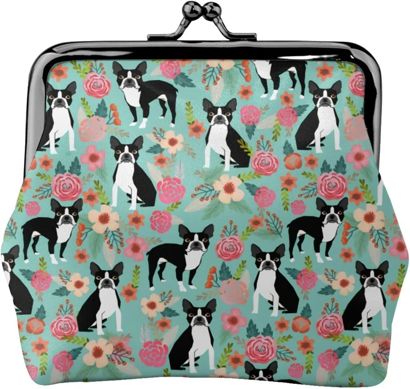 Cute Boston Terrier Dog Puppy Lovers Print Coin Purses For Women Pu Leather Vintage Buckle Coin Kiss-Lock Change Purse Card Holder Pouch Wallets Small Makeup Bag Flowers Florals Handbag Birthday Gifts
