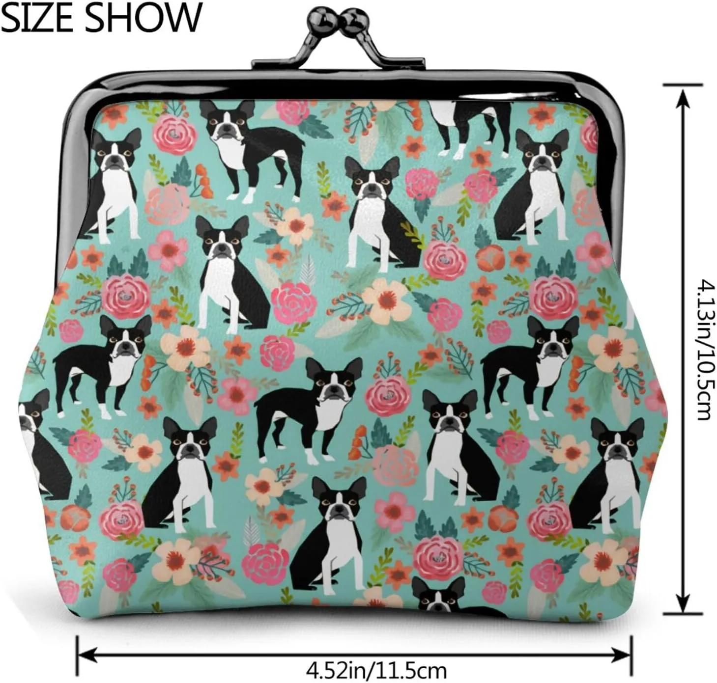Cute Boston Terrier Dog Puppy Lovers Print Coin Purses For Women Pu Leather Vintage Buckle Coin Kiss-Lock Change Purse Card Holder Pouch Wallets Small Makeup Bag Flowers Florals Handbag Birthday Gifts