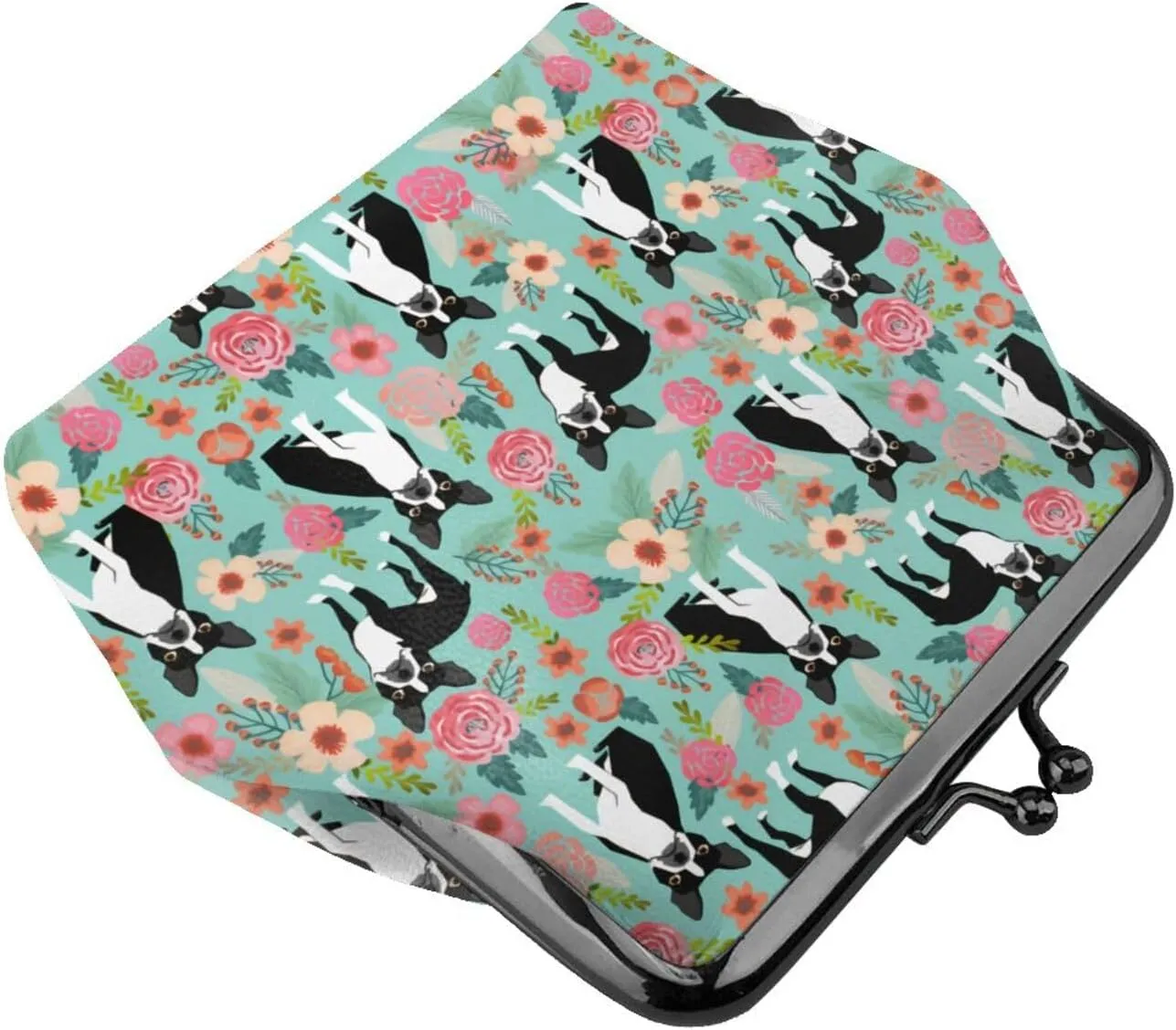 Cute Boston Terrier Dog Puppy Lovers Print Coin Purses For Women Pu Leather Vintage Buckle Coin Kiss-Lock Change Purse Card Holder Pouch Wallets Small Makeup Bag Flowers Florals Handbag Birthday Gifts