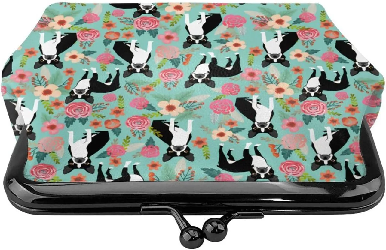 Cute Boston Terrier Dog Puppy Lovers Print Coin Purses For Women Pu Leather Vintage Buckle Coin Kiss-Lock Change Purse Card Holder Pouch Wallets Small Makeup Bag Flowers Florals Handbag Birthday Gifts