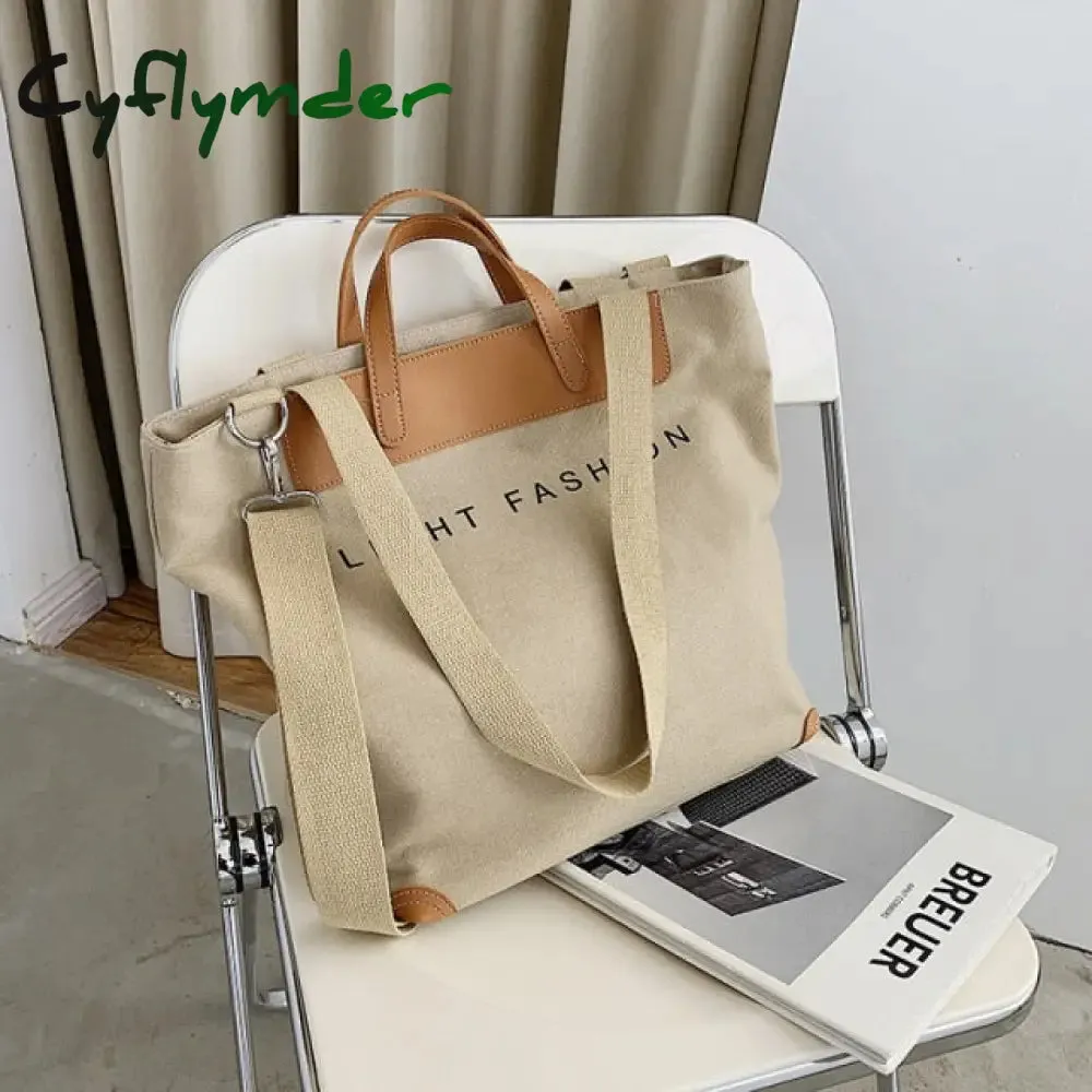 Cyflymder Casual Canvas Women Handbags Designer Letters Shoulder Crossbody Bags Female Large Capacity Tote Leather Patchwork Shopper Bag  - hot
