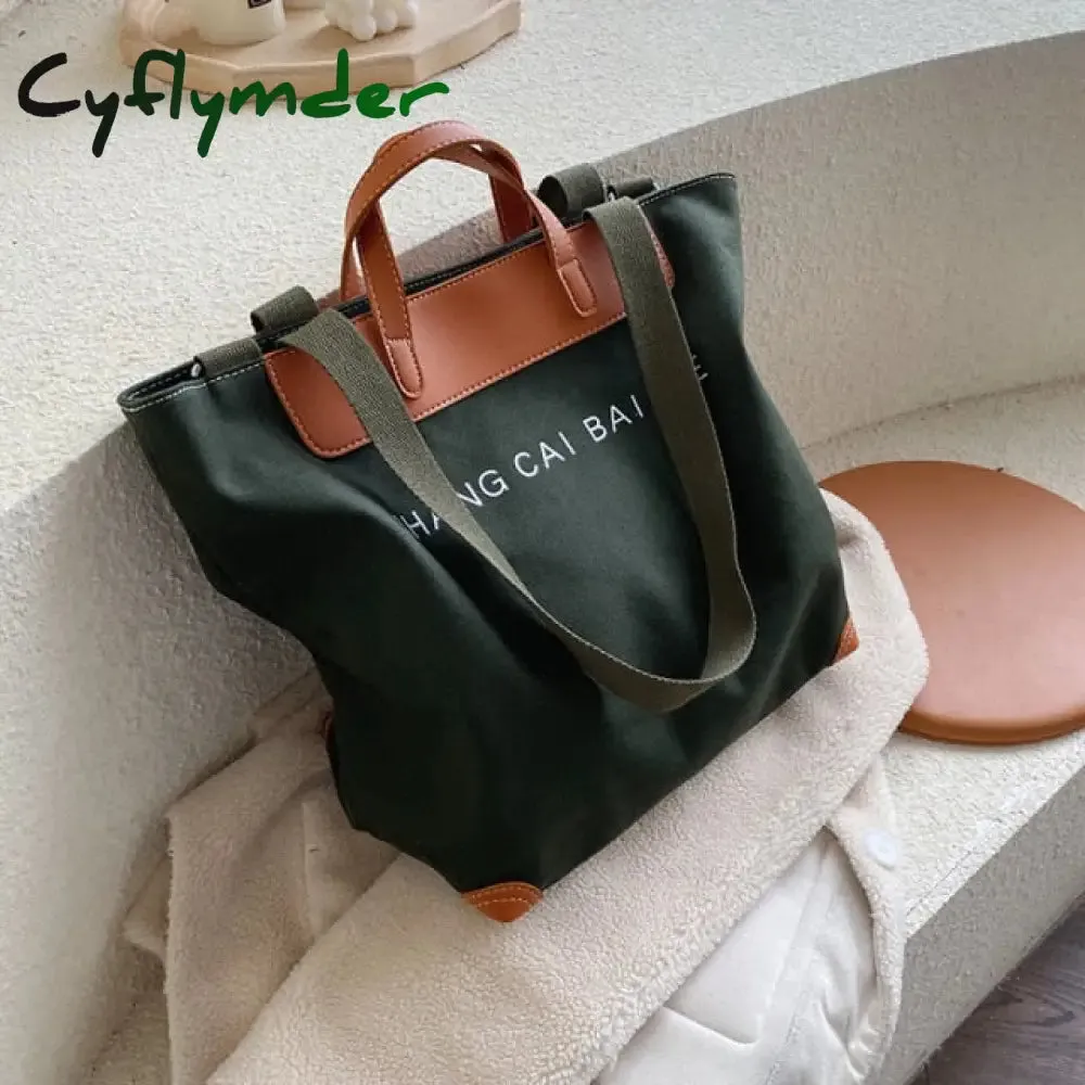 Cyflymder Casual Canvas Women Handbags Designer Letters Shoulder Crossbody Bags Female Large Capacity Tote Leather Patchwork Shopper Bag  - hot