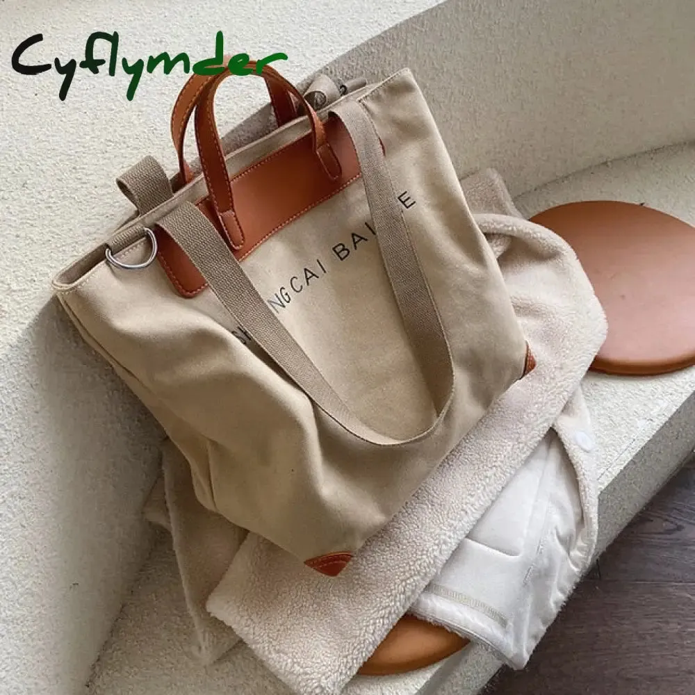 Cyflymder Casual Canvas Women Handbags Designer Letters Shoulder Crossbody Bags Female Large Capacity Tote Leather Patchwork Shopper Bag  - hot