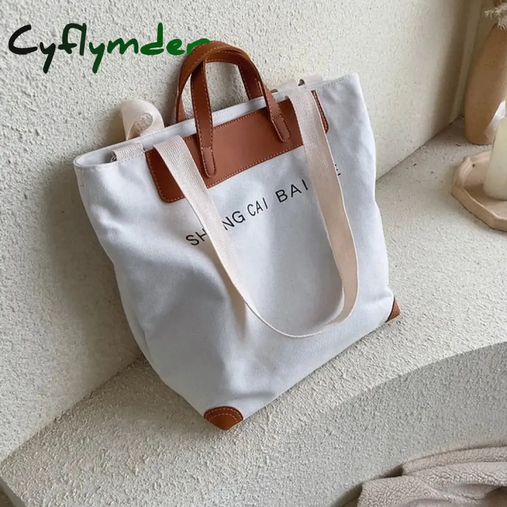 Cyflymder Casual Canvas Women Handbags Designer Letters Shoulder Crossbody Bags Female Large Capacity Tote Leather Patchwork Shopper Bag  - hot