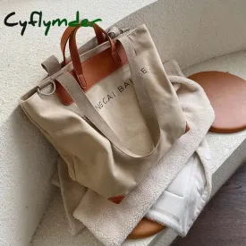Cyflymder Casual Canvas Women Handbags Designer Letters Shoulder Crossbody Bags Female Large Capacity Tote Leather Patchwork Shopper Bag  - hot