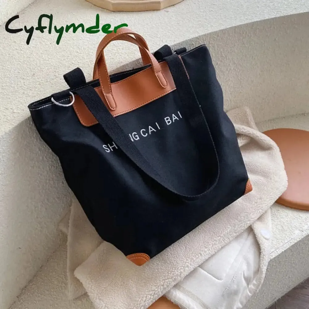 Cyflymder Casual Canvas Women Handbags Designer Letters Shoulder Crossbody Bags Female Large Capacity Tote Leather Patchwork Shopper Bag  - hot