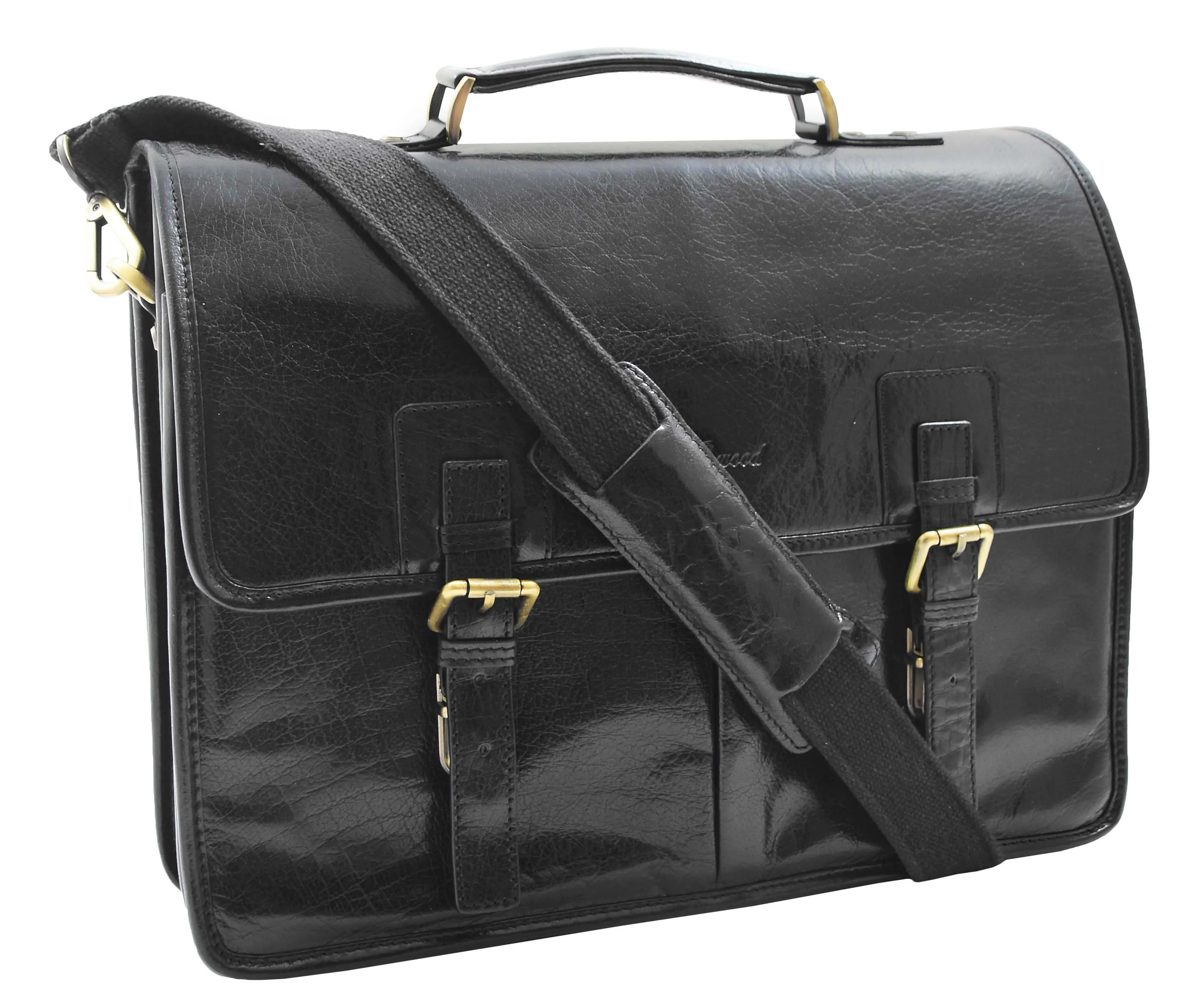 DR296 Men's Leather Briefcase Cross Body Bag Black