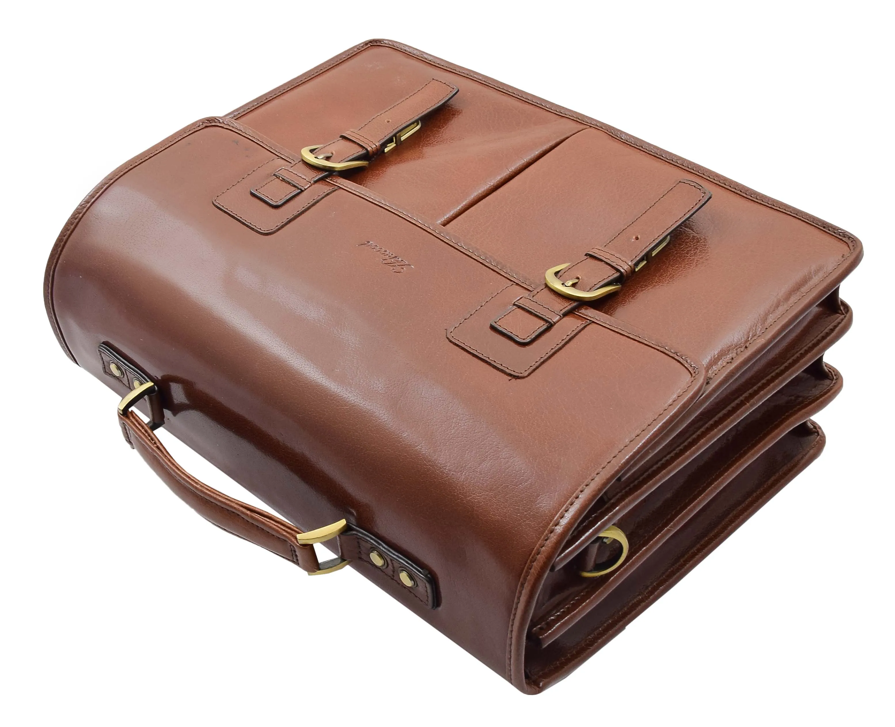 DR296 Men's Leather Briefcase Cross Body Bag Chestnut