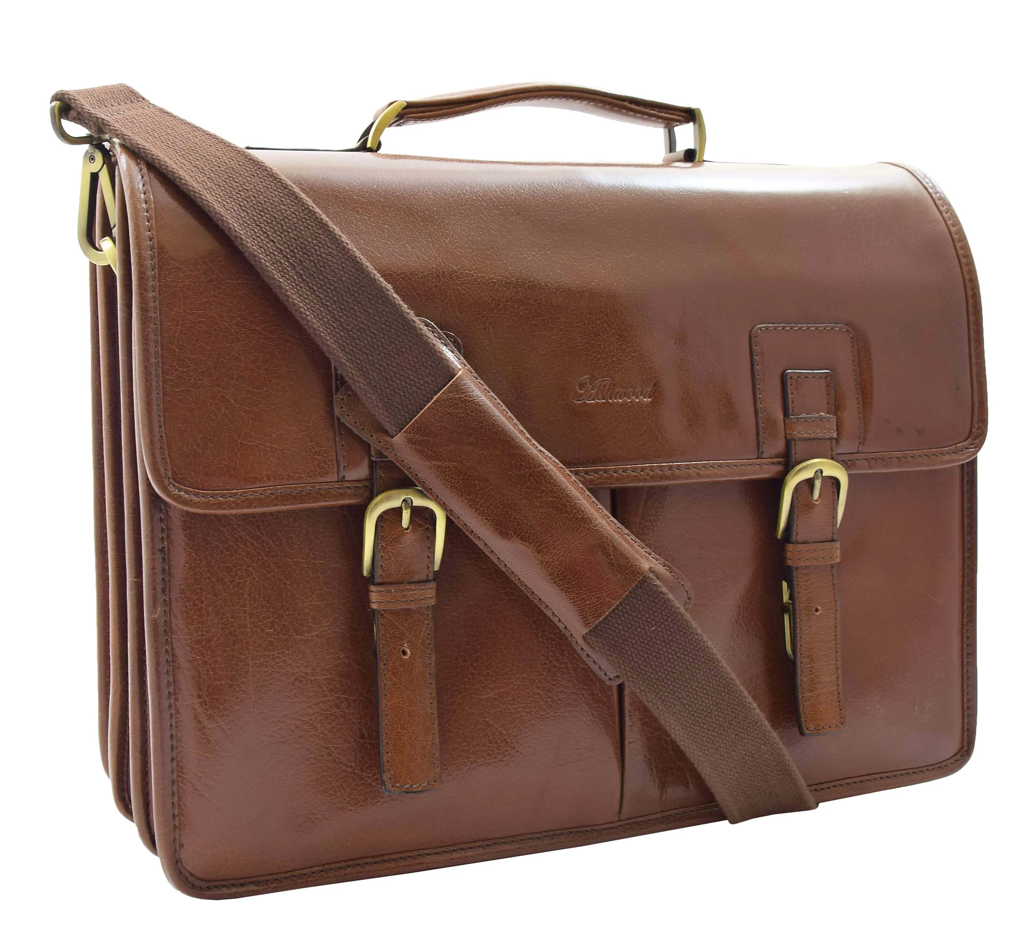 DR296 Men's Leather Briefcase Cross Body Bag Chestnut