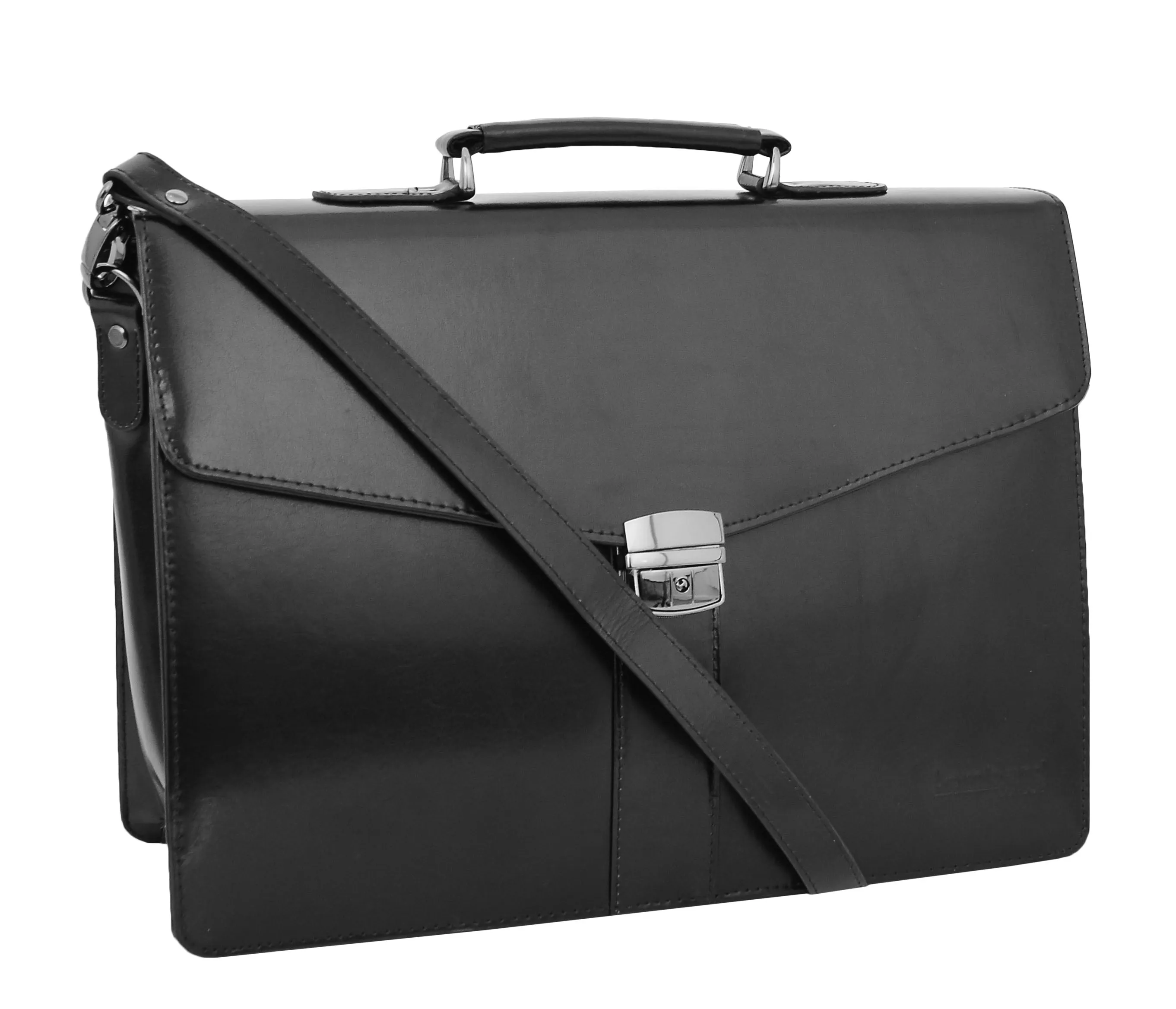 DR474 Men's Leather Flap Over Briefcase Black
