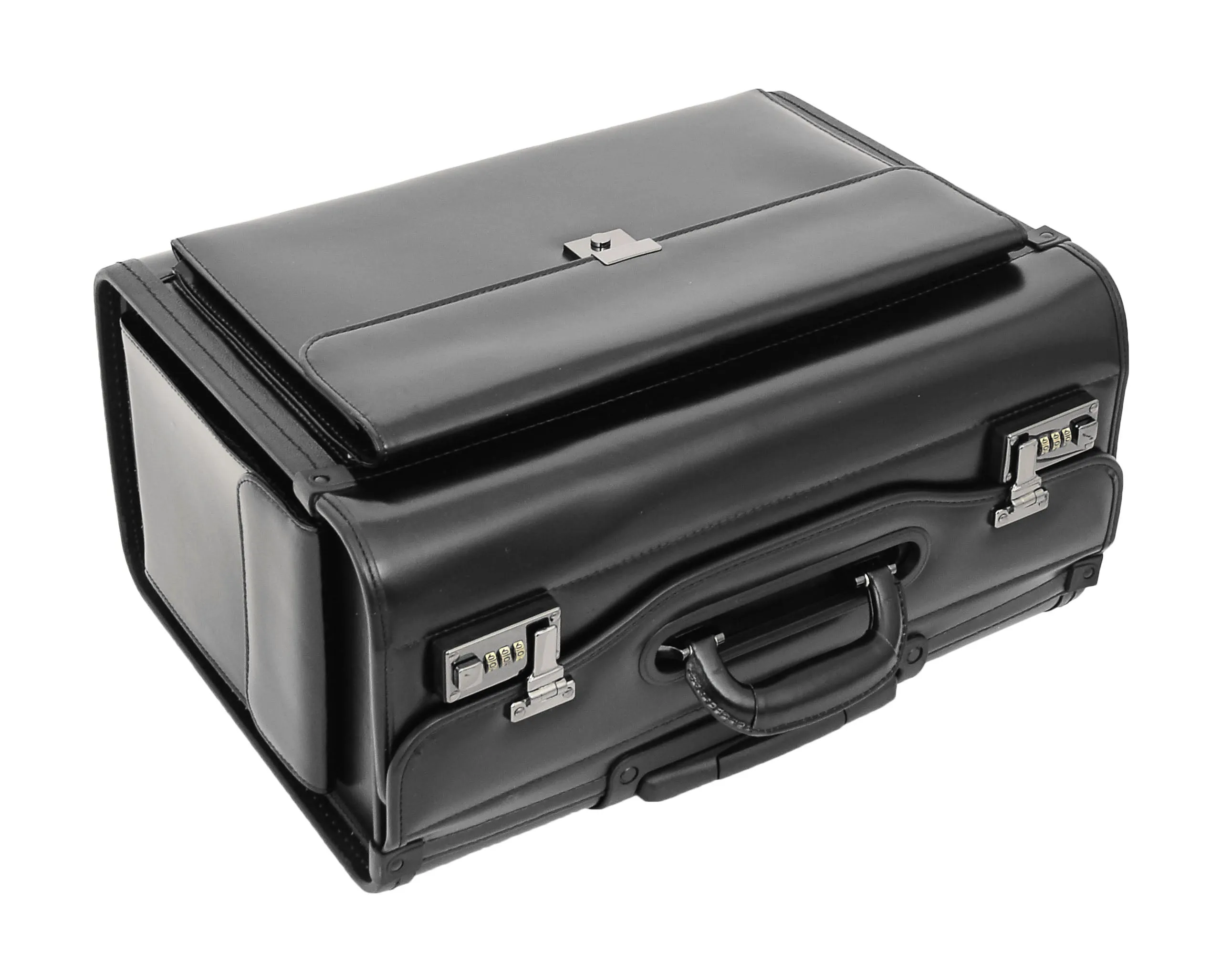 DR477 Leather Pilot Case Wheeled Lockable Laptop Bag Black