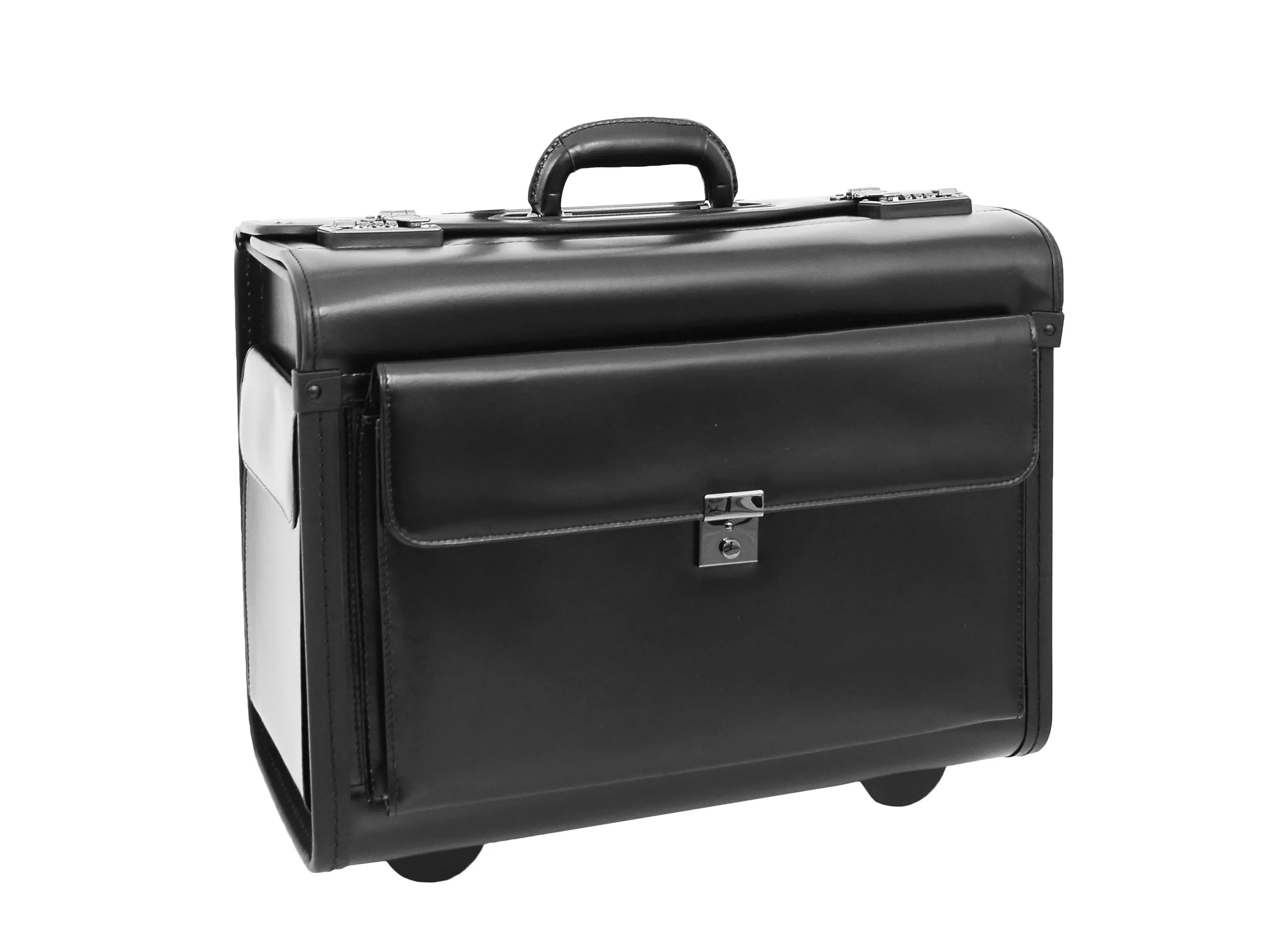 DR477 Leather Pilot Case Wheeled Lockable Laptop Bag Black
