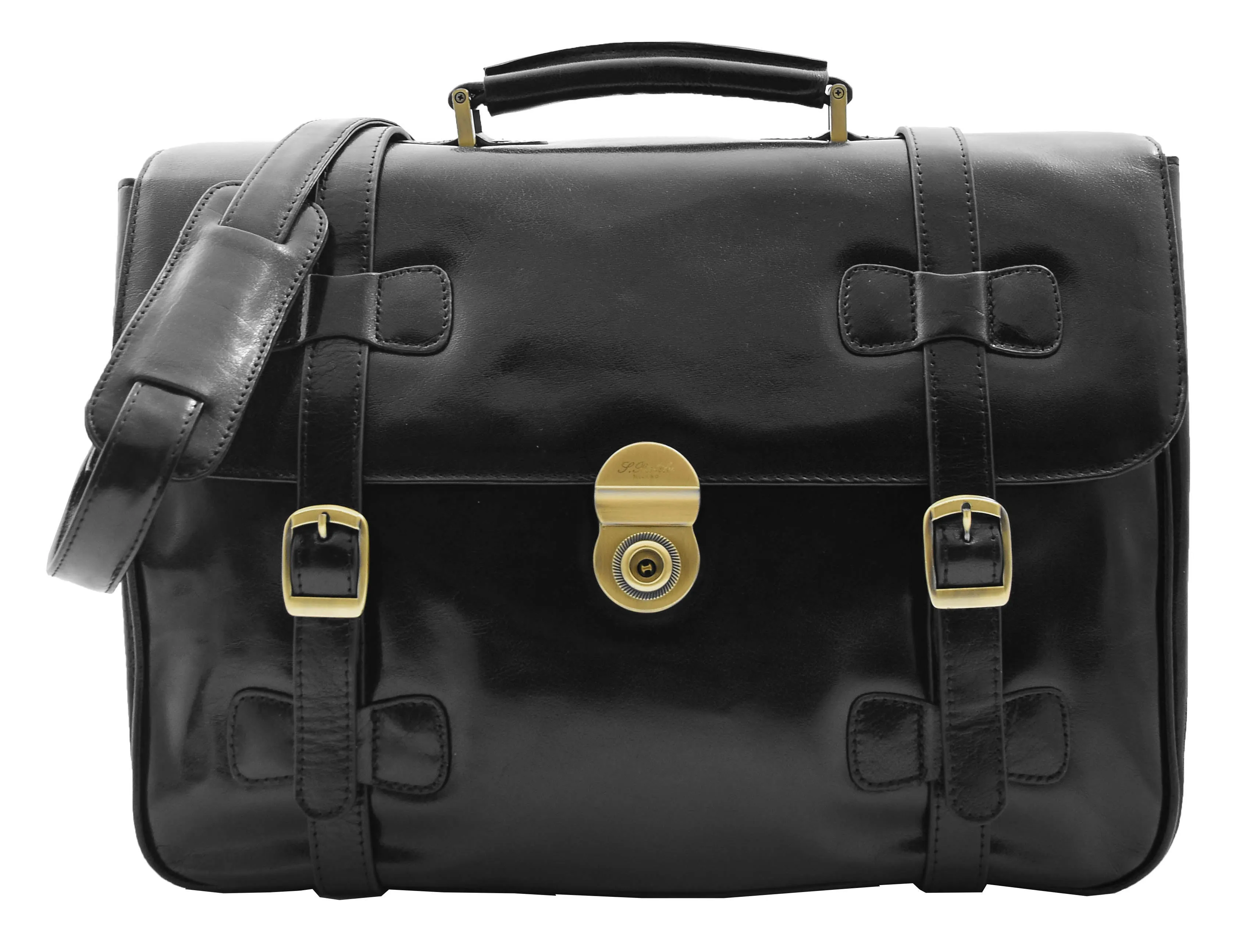 DR480 Men's Leather Briefcase Cross Body Bag Black