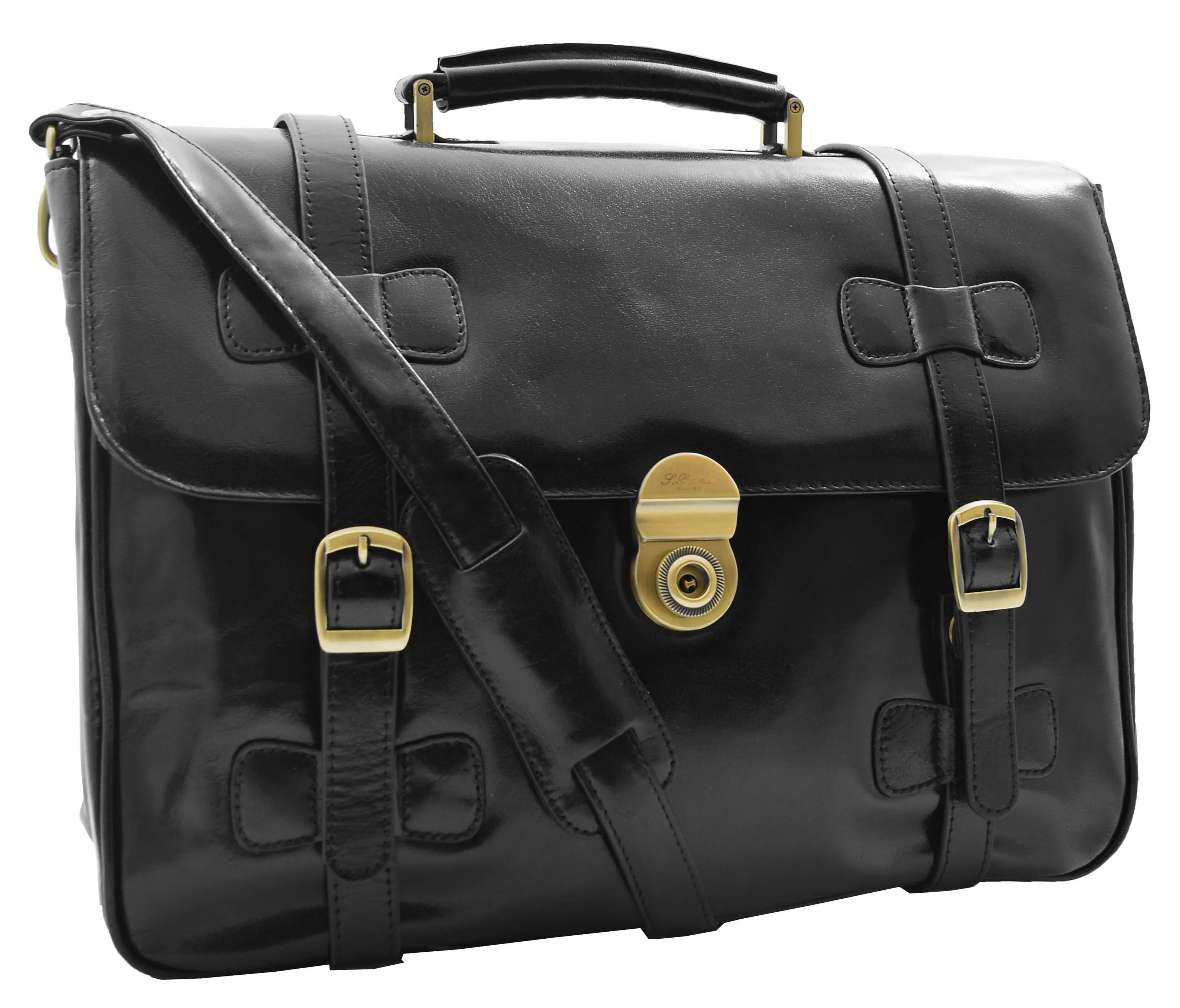 DR480 Men's Leather Briefcase Cross Body Bag Black