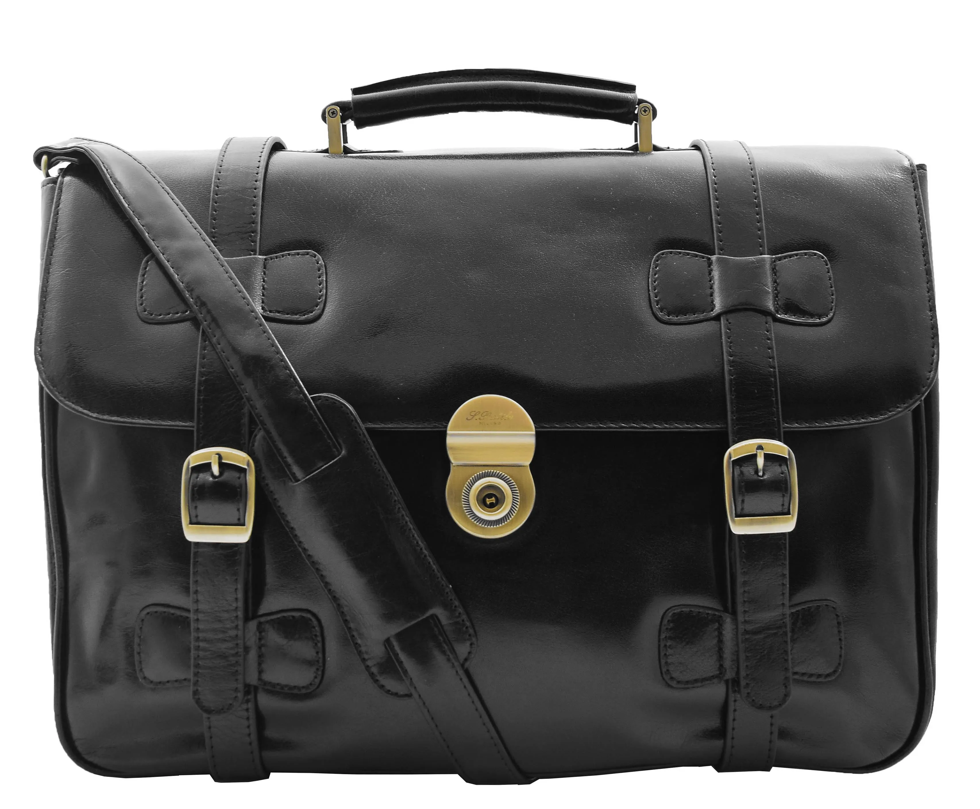 DR480 Men's Leather Briefcase Cross Body Bag Black
