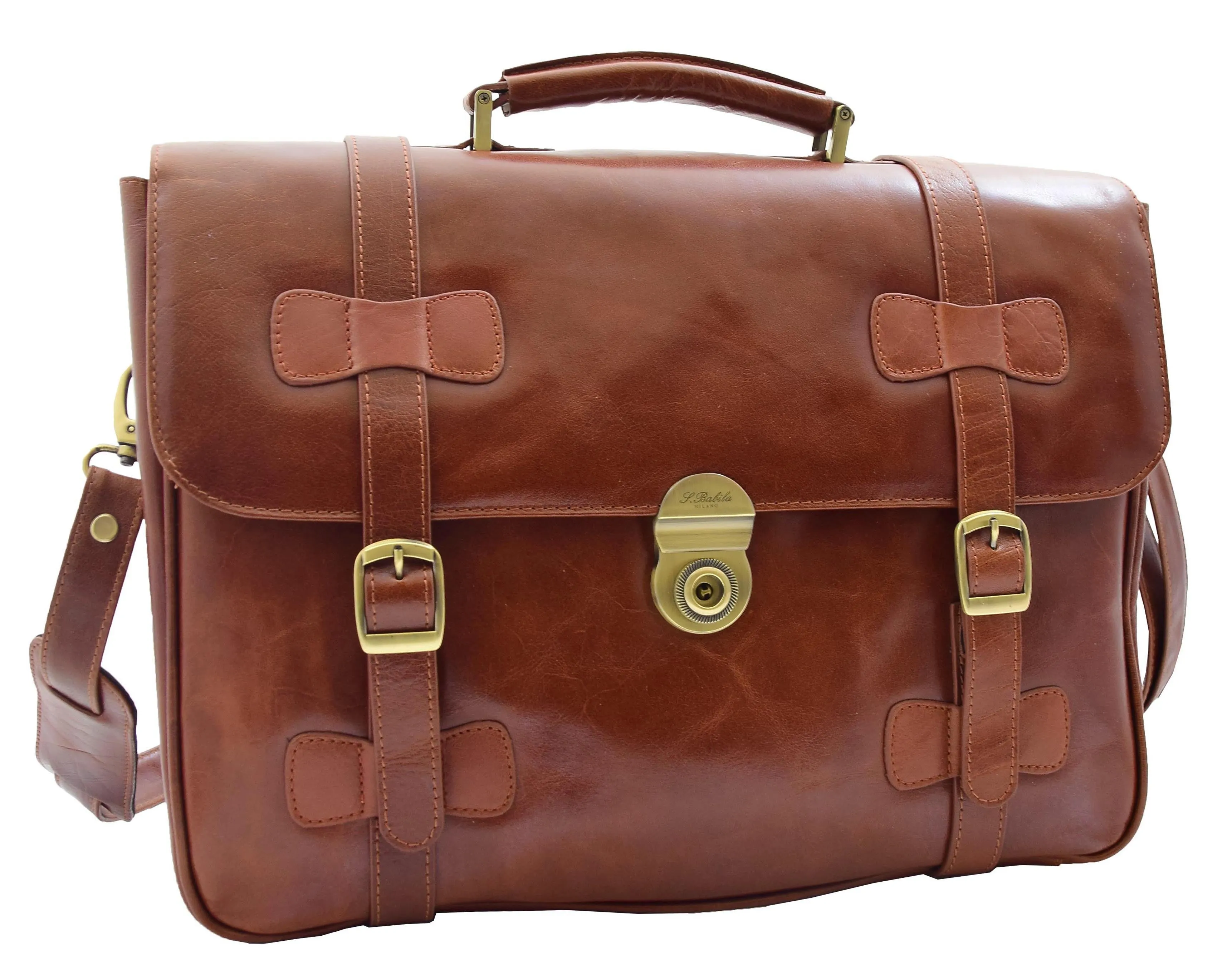 DR480 Men's Leather Briefcase Cross Body Bag Cognac