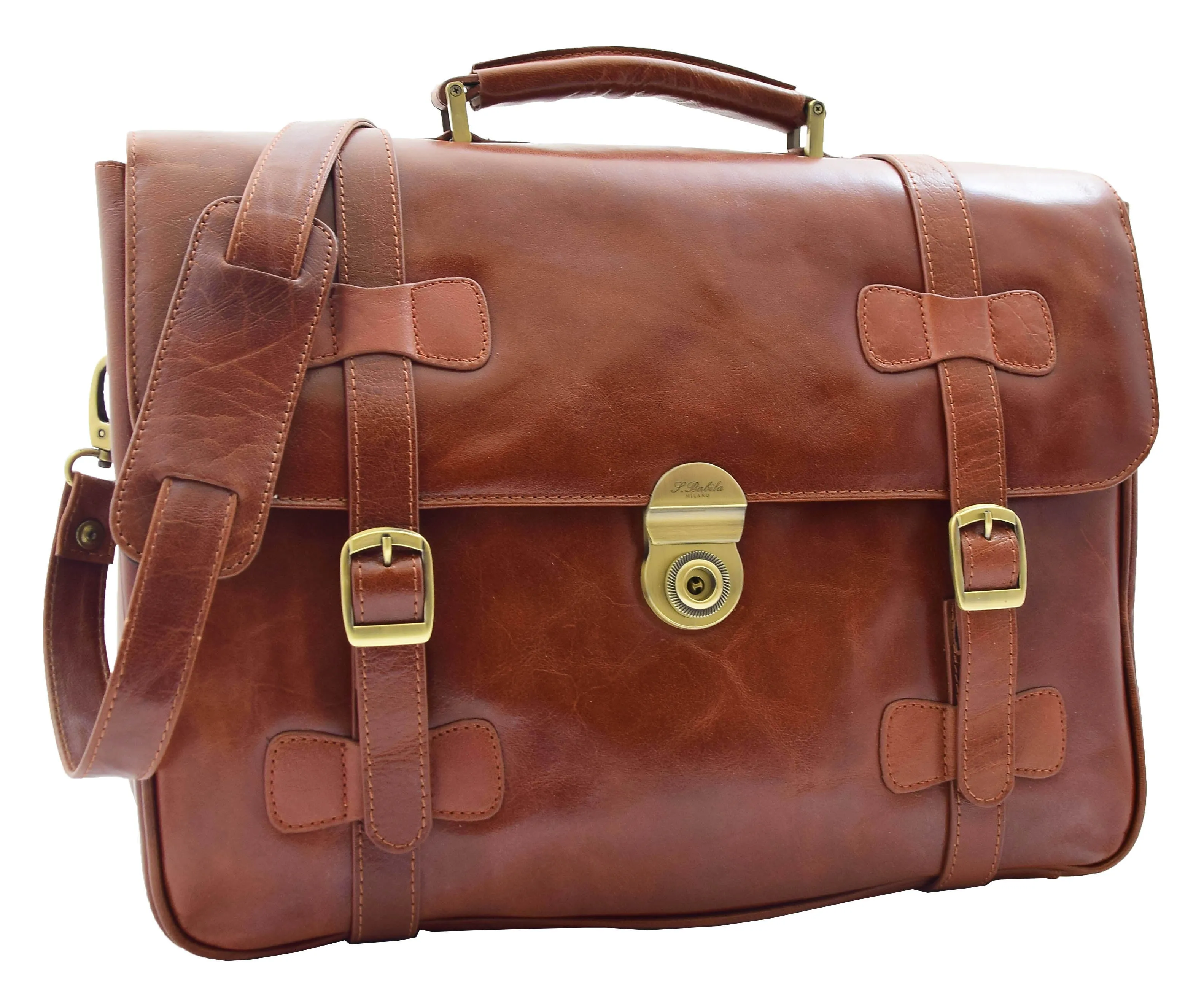 DR480 Men's Leather Briefcase Cross Body Bag Cognac
