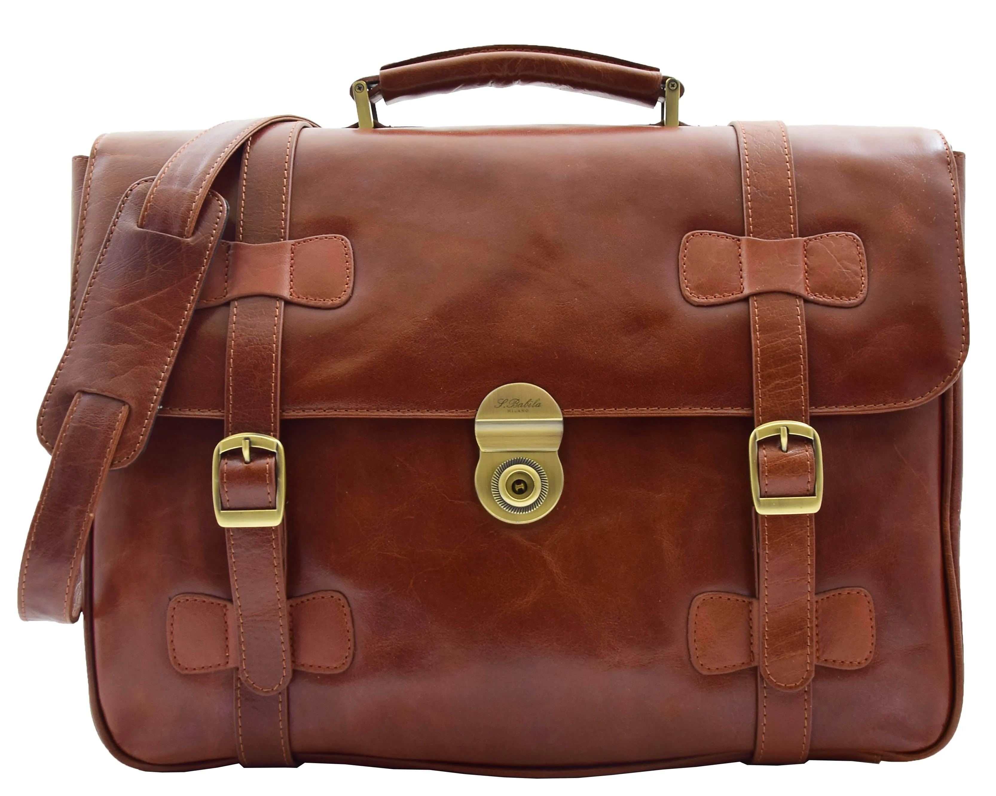 DR480 Men's Leather Briefcase Cross Body Bag Cognac
