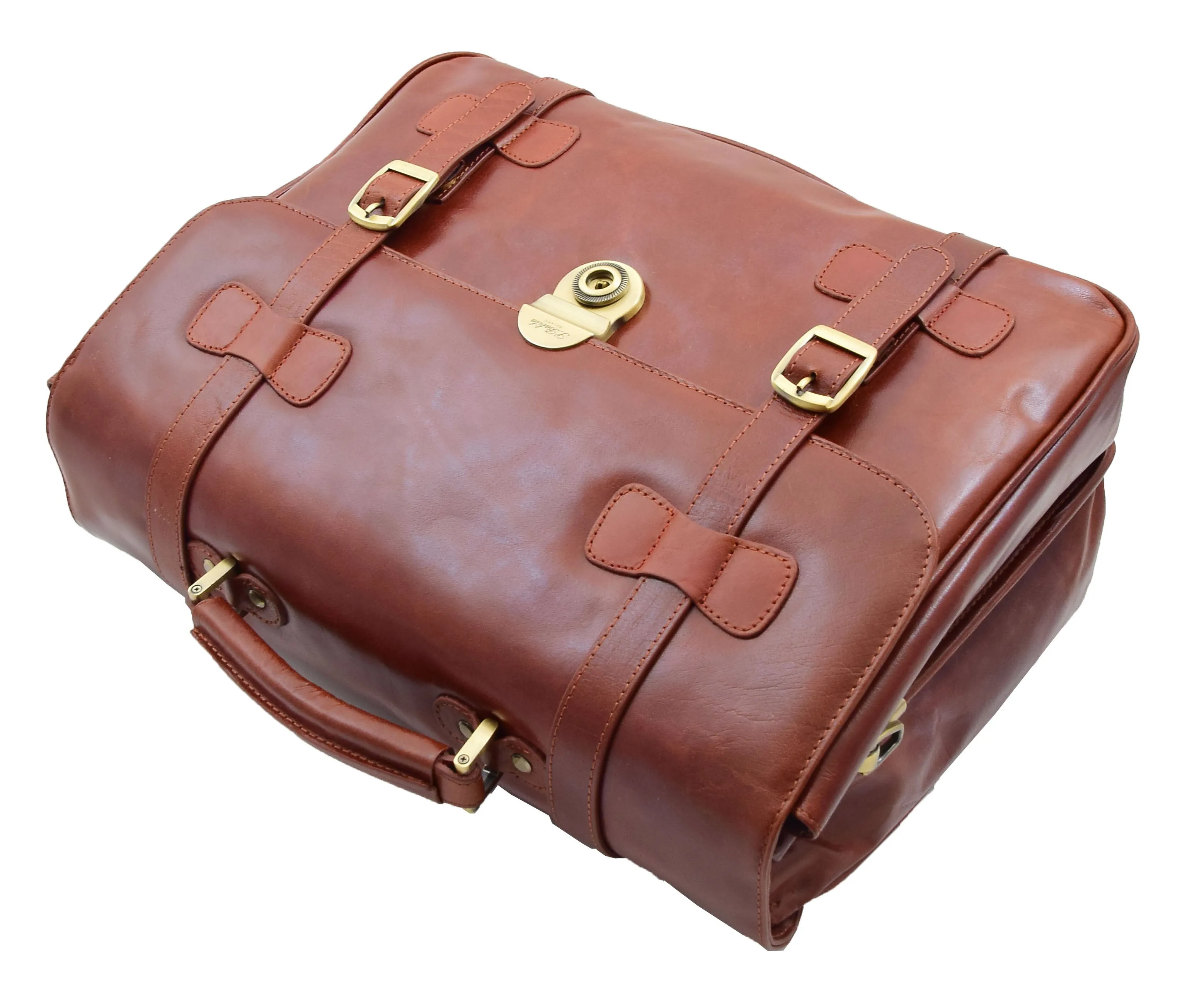 DR480 Men's Leather Briefcase Cross Body Bag Cognac