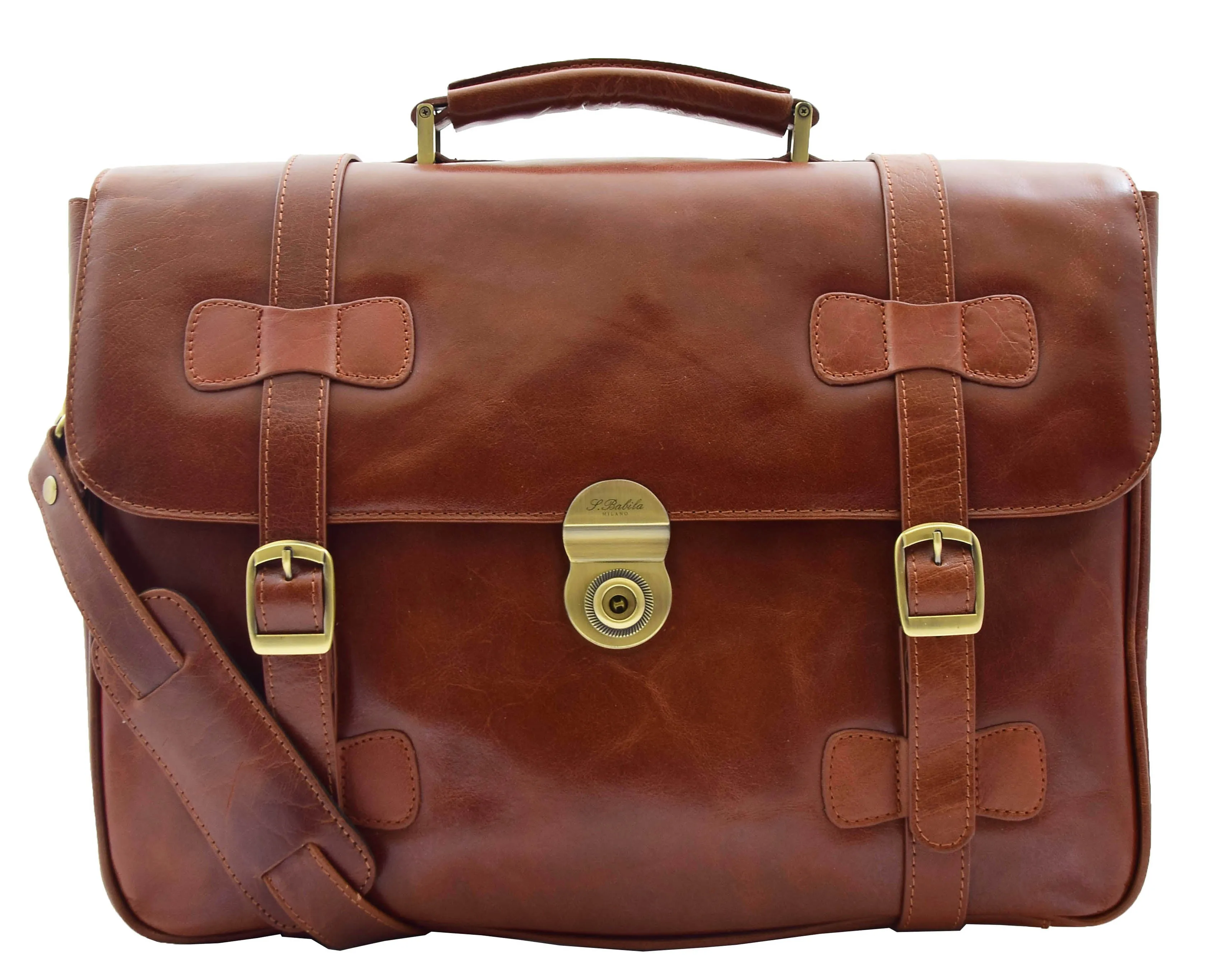 DR480 Men's Leather Briefcase Cross Body Bag Cognac