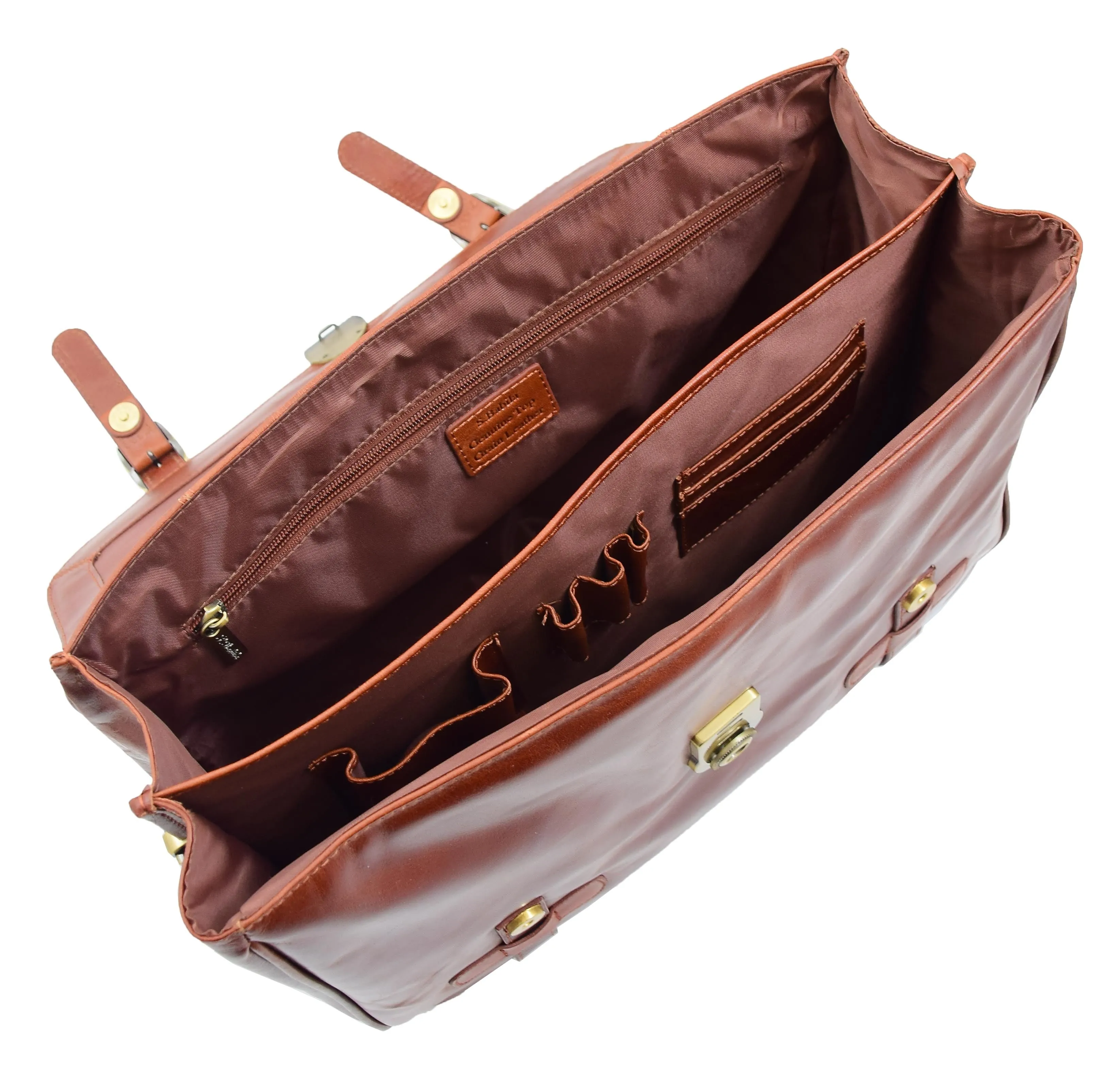 DR480 Men's Leather Briefcase Cross Body Bag Cognac