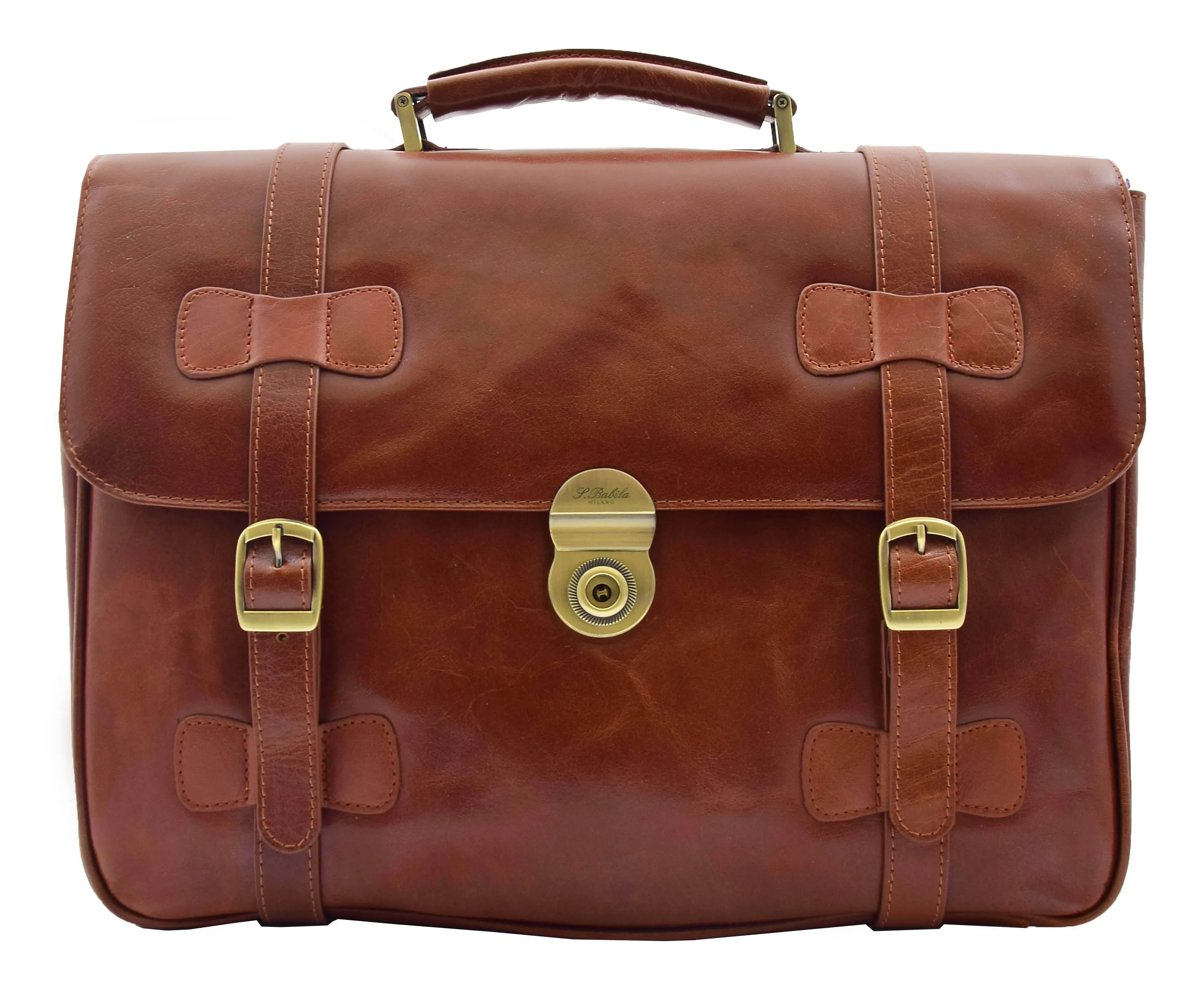 DR480 Men's Leather Briefcase Cross Body Bag Cognac