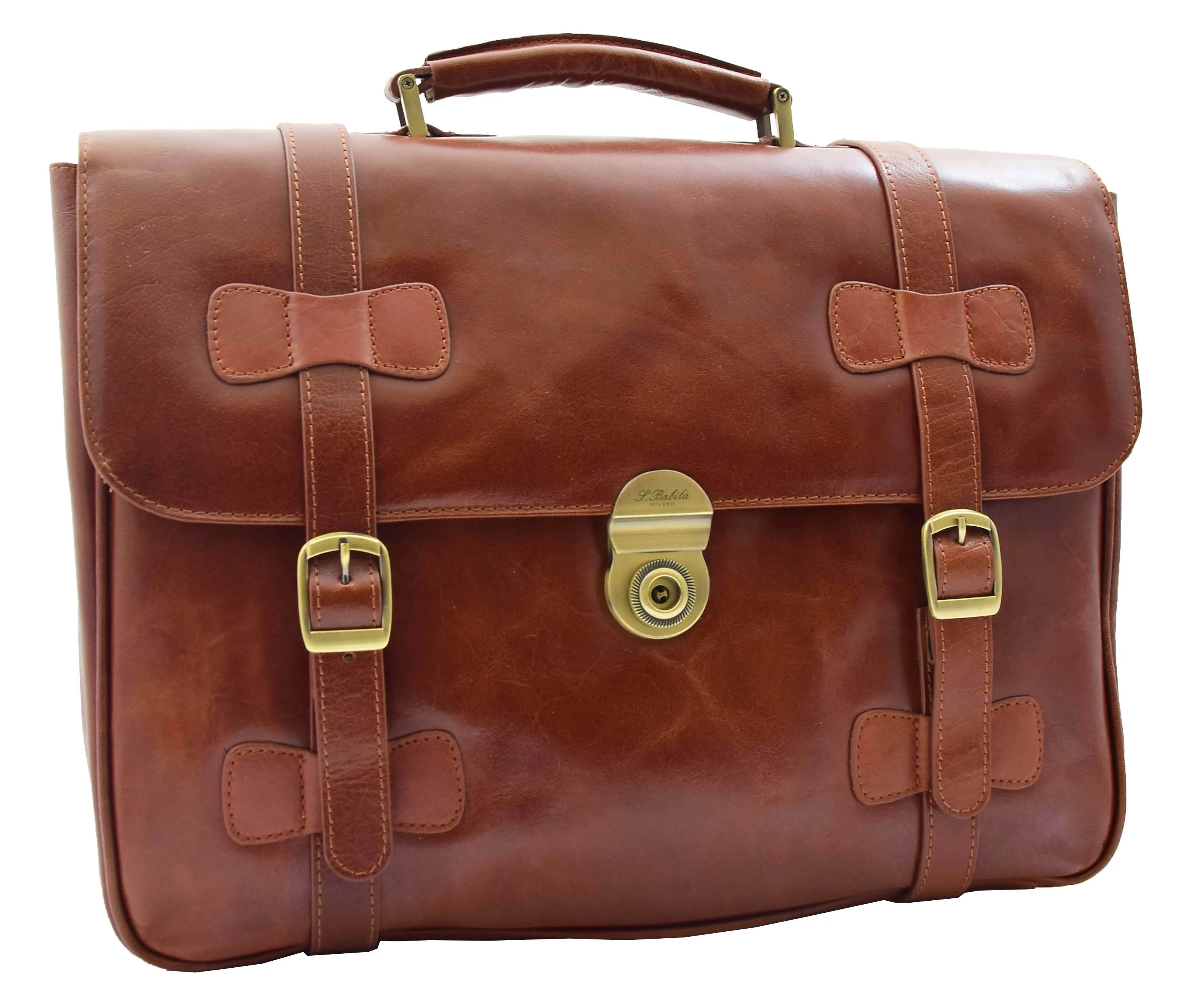 DR480 Men's Leather Briefcase Cross Body Bag Cognac