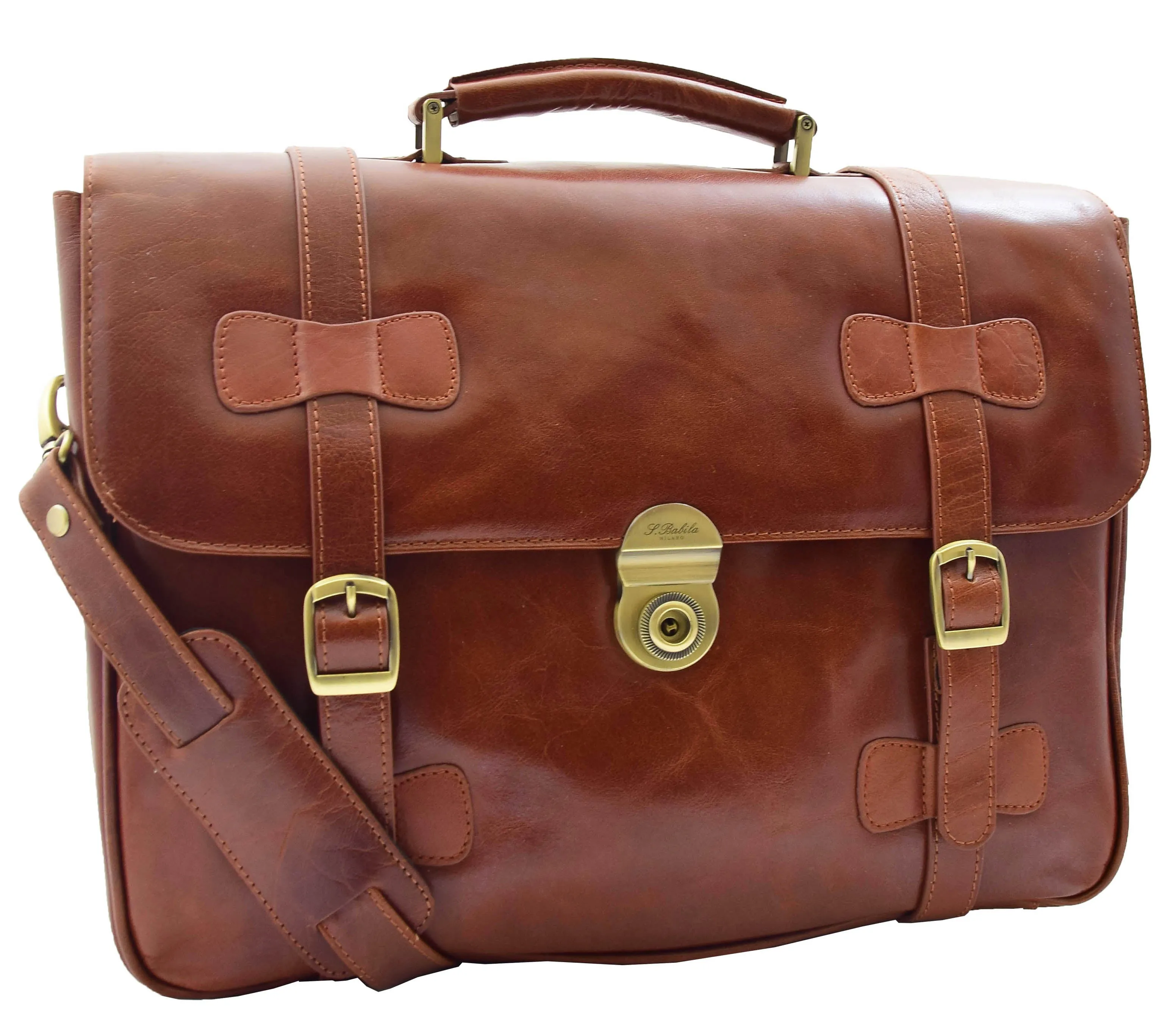 DR480 Men's Leather Briefcase Cross Body Bag Cognac