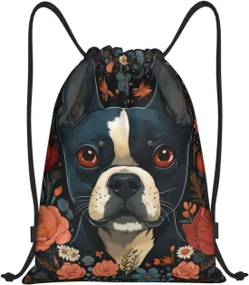 Drawstring Backpack For Men Women Boston Terrier Puppy String Bag Waterproof Cinch Bag Sports Gym Sackpack Small, Black
