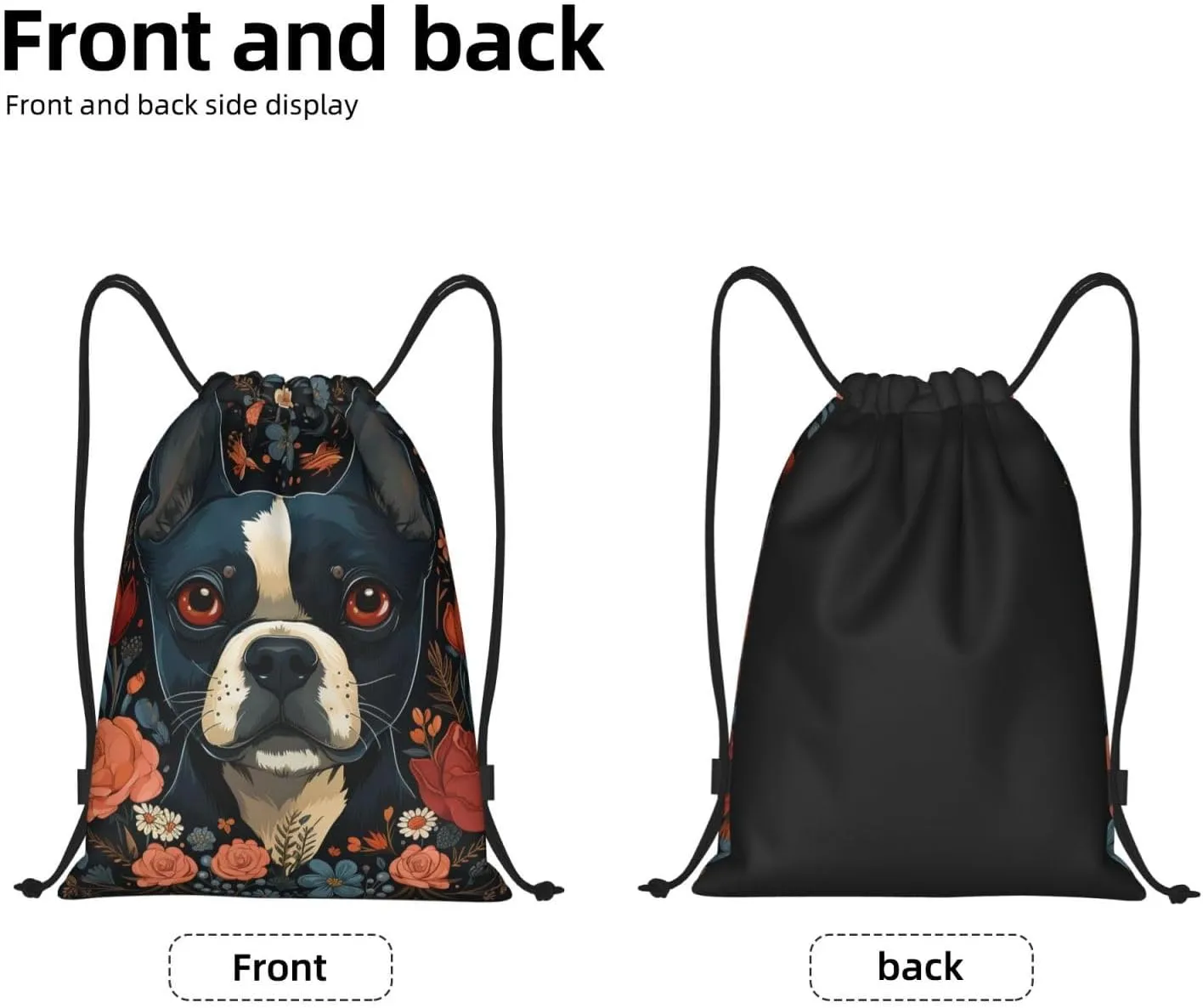 Drawstring Backpack For Men Women Boston Terrier Puppy String Bag Waterproof Cinch Bag Sports Gym Sackpack Small, Black