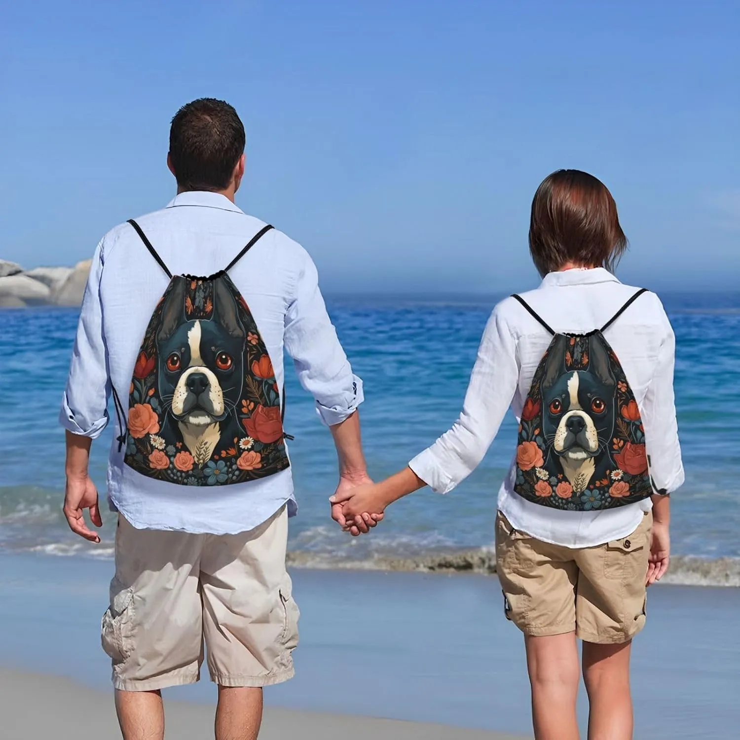 Drawstring Backpack For Men Women Boston Terrier Puppy String Bag Waterproof Cinch Bag Sports Gym Sackpack Small, Black