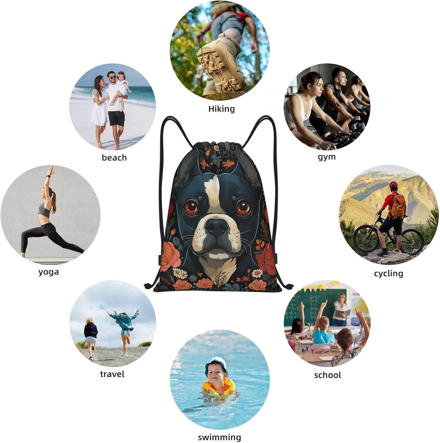 Drawstring Backpack For Men Women Boston Terrier Puppy String Bag Waterproof Cinch Bag Sports Gym Sackpack Small, Black