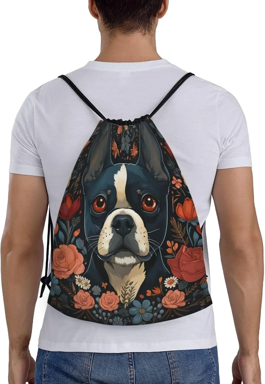 Drawstring Backpack For Men Women Boston Terrier Puppy String Bag Waterproof Cinch Bag Sports Gym Sackpack Small, Black