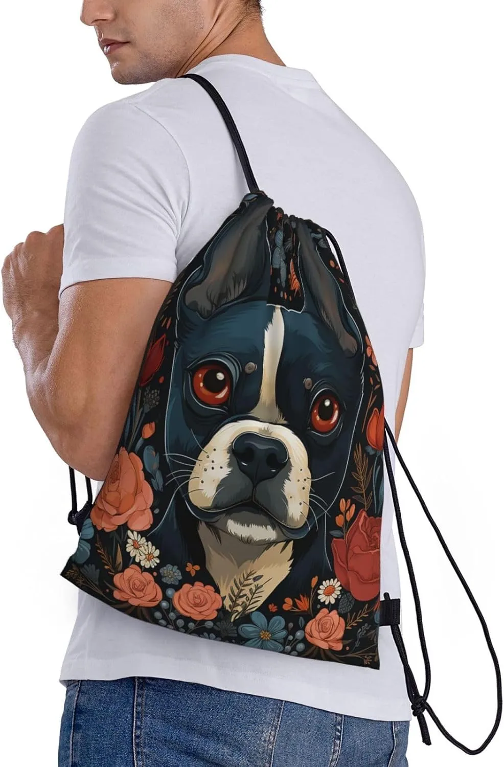 Drawstring Backpack For Men Women Boston Terrier Puppy String Bag Waterproof Cinch Bag Sports Gym Sackpack Small, Black