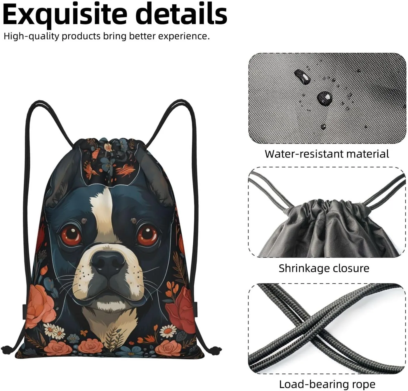 Drawstring Backpack For Men Women Boston Terrier Puppy String Bag Waterproof Cinch Bag Sports Gym Sackpack Small, Black
