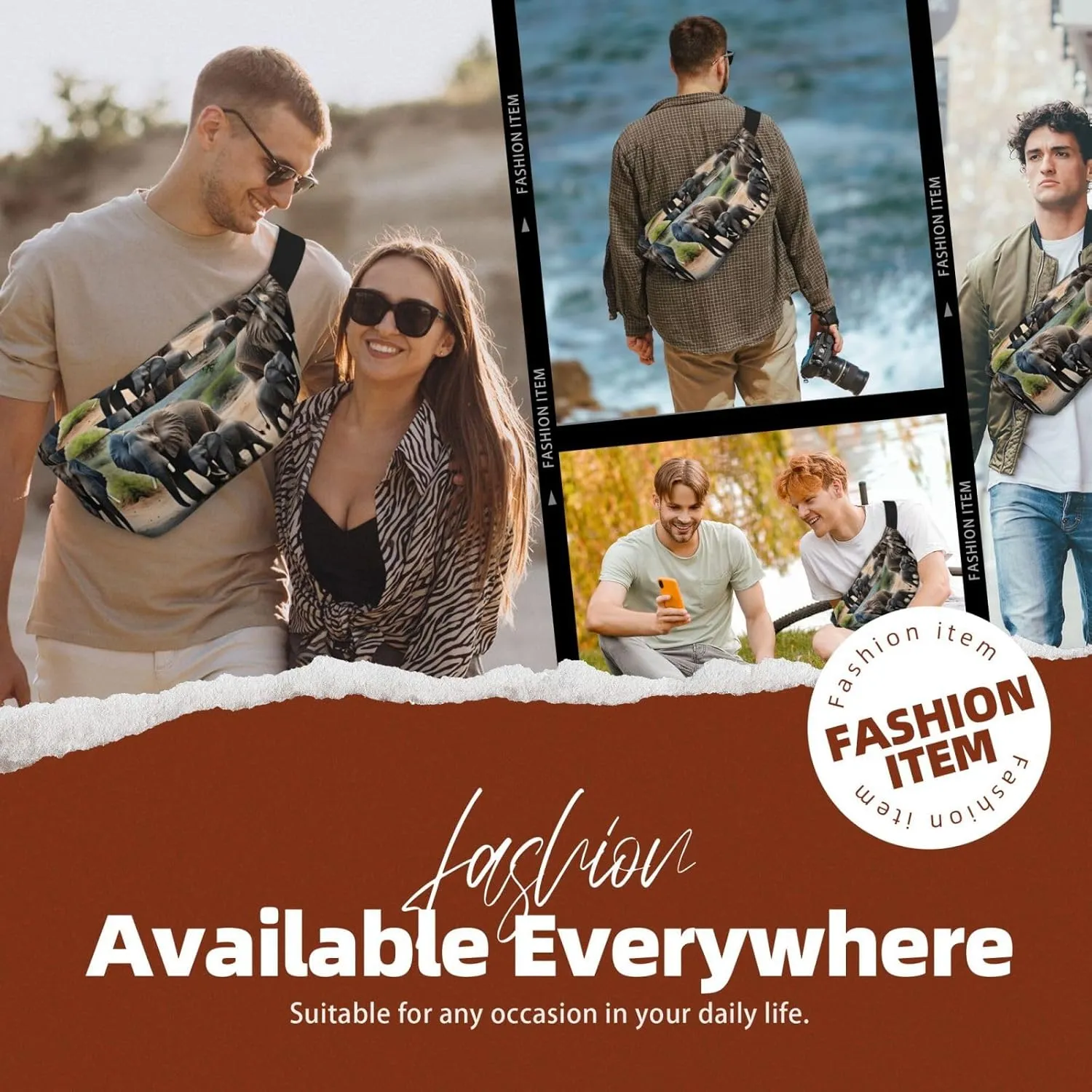 Elephant and Baby Elephant Fanny Pack Crossbody Sling Bag  Zipper Pockets for Travel, Hiking, Cycling, Workouts, and Everyday Use