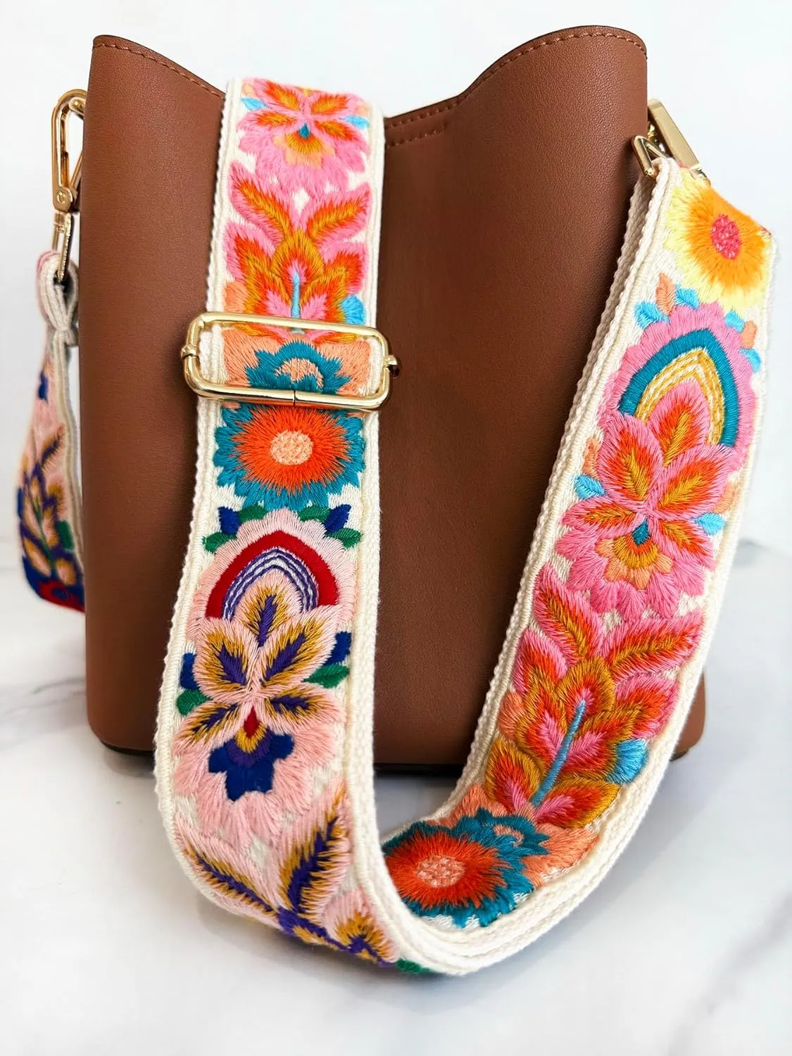 Embroidery Flower Purse Strap Replacement Crossbody for Handbags Women Guitar Strap 2 inch Wide Adjustable Bag Straps (Ivory)