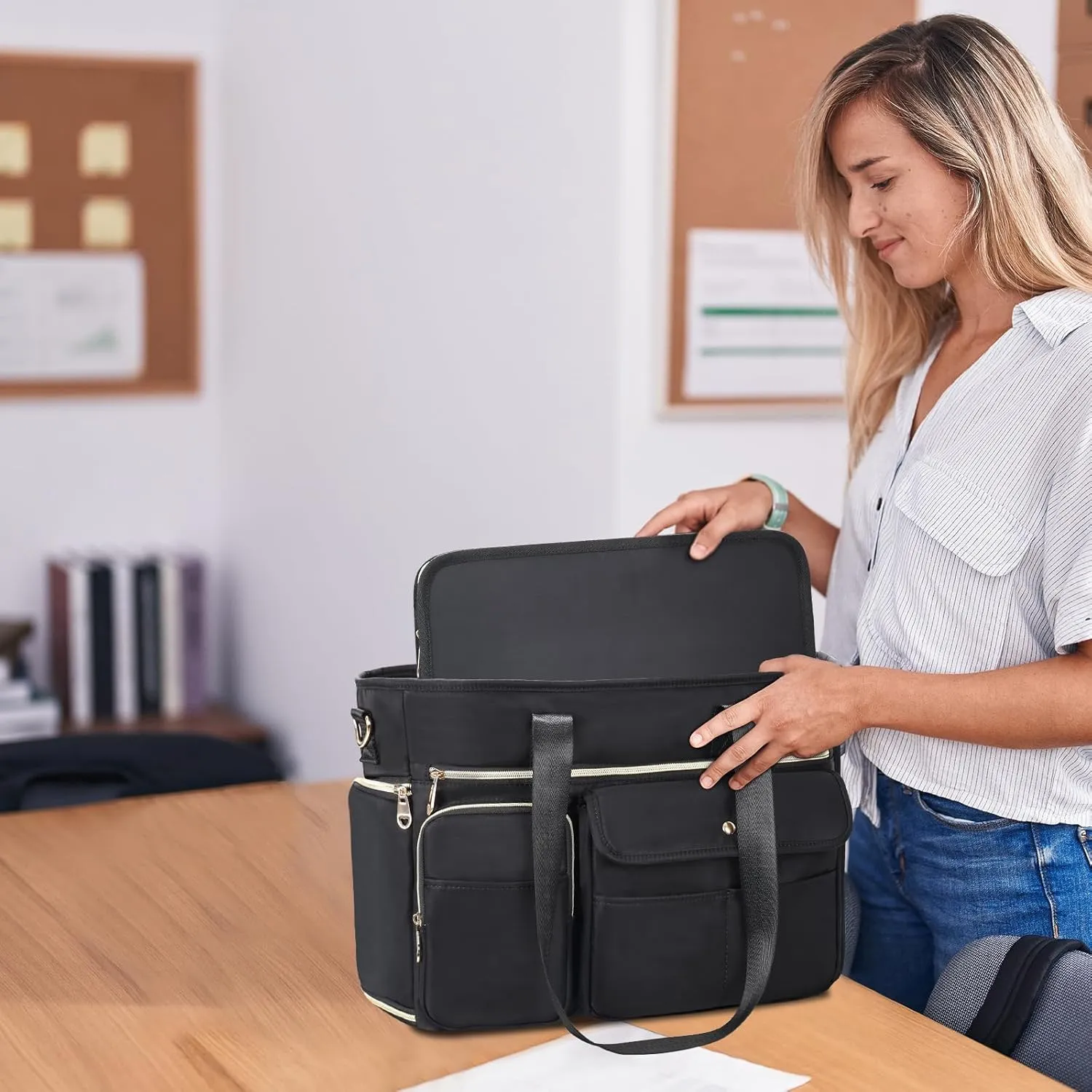 ESTARER Women Laptop Tote Bag 2Pcs, 15.6'' Teacher Work Bag Computer bag w/Expandable File Folder, Large Water-Resistant Messenger Shoulder bag w/Insulated Pocket for Office/Travel/College, Black