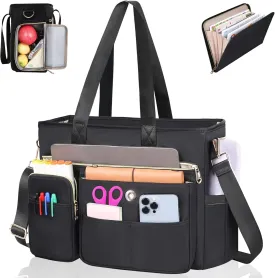 ESTARER Women Laptop Tote Bag 2Pcs, 15.6'' Teacher Work Bag Computer bag w/Expandable File Folder, Large Water-Resistant Messenger Shoulder bag w/Insulated Pocket for Office/Travel/College, Black